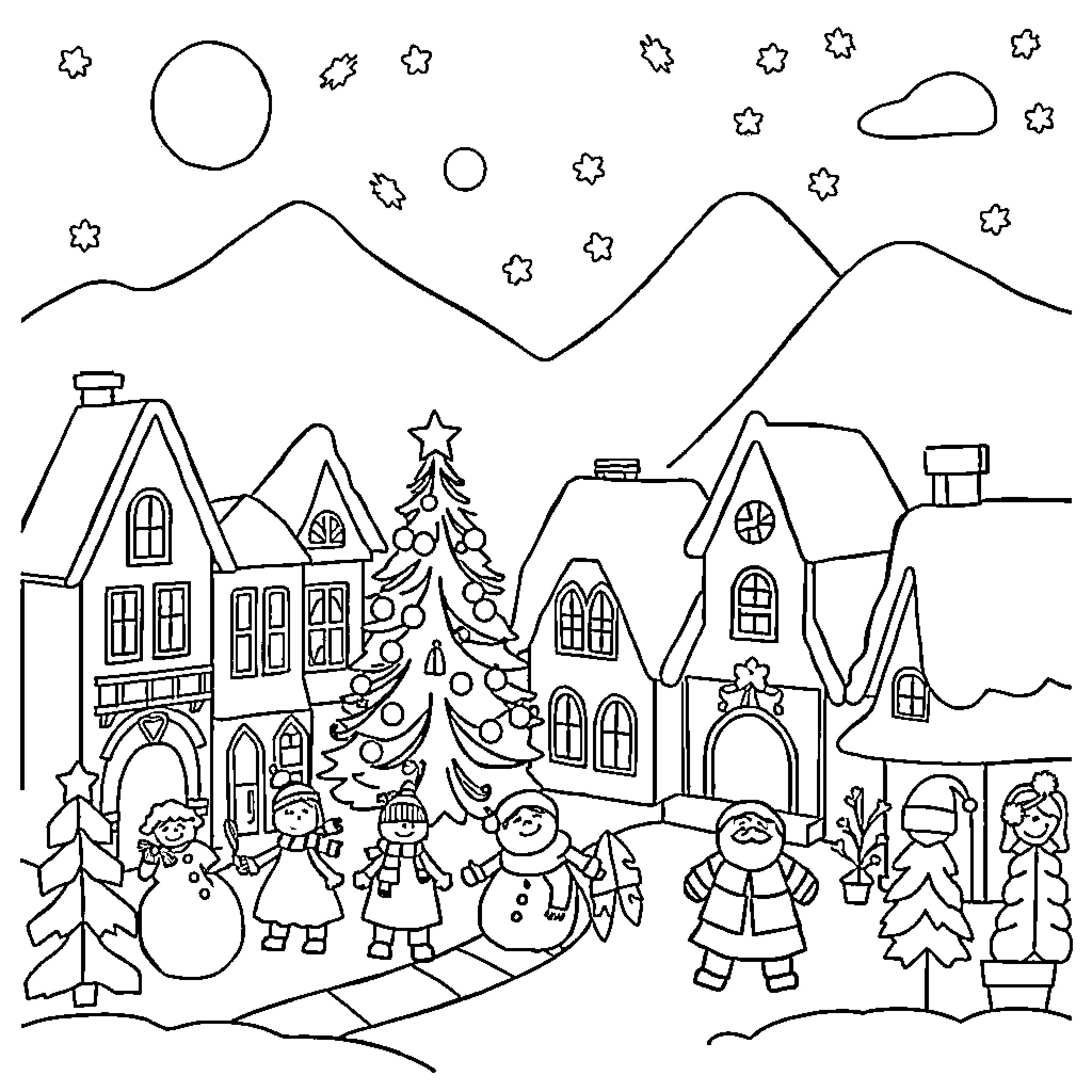 Christmas Village with Festive Decorations and Snowpeople Coloring Page (free black-and-white line drawing printable PDF for all, from beginners to advanced learners, including children, teens, adults, and seniors)
