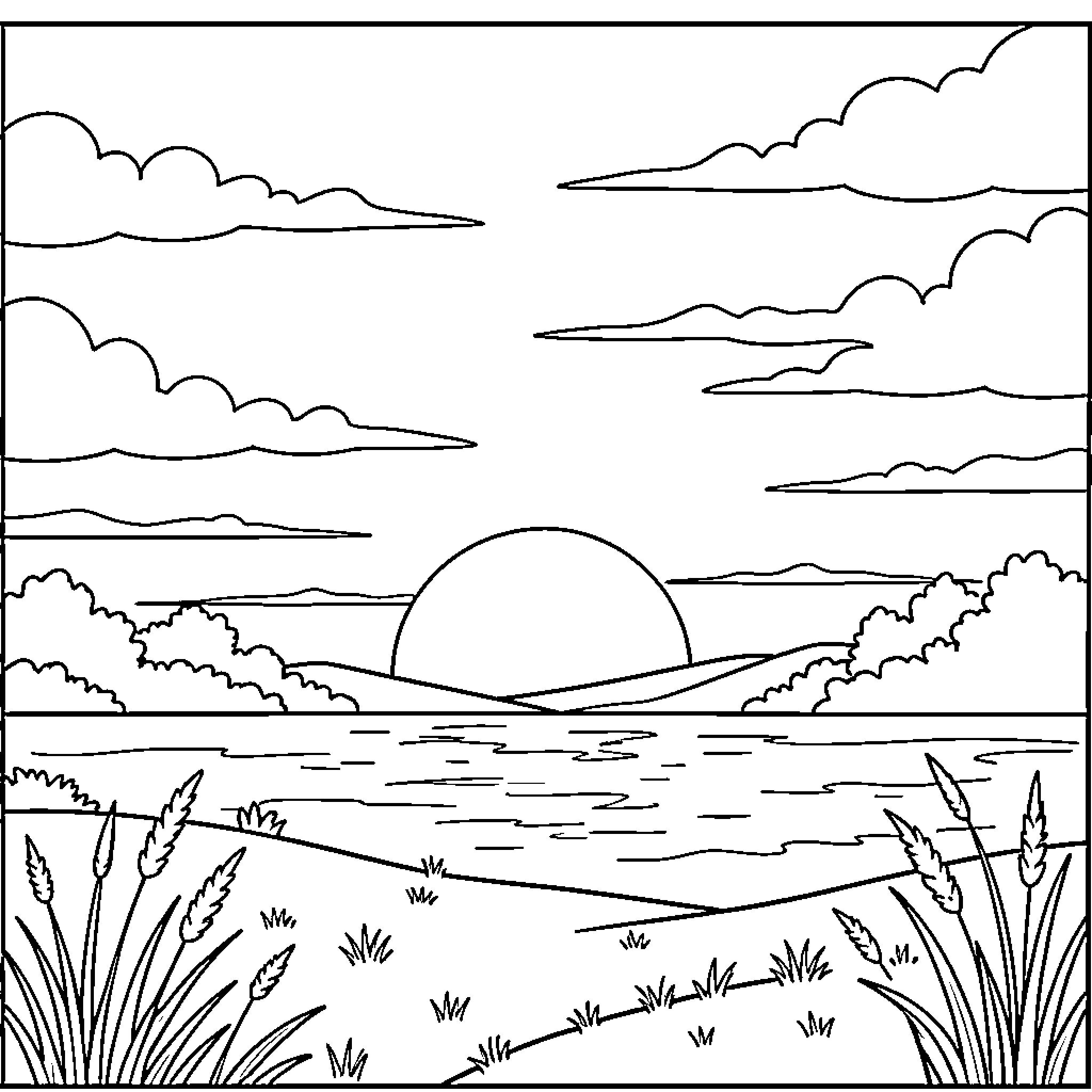 Sunset over serene landscape Coloring Page (free black-and-white line drawing printable PDF for all, from beginners to advanced learners, including children, teens, adults, and seniors)