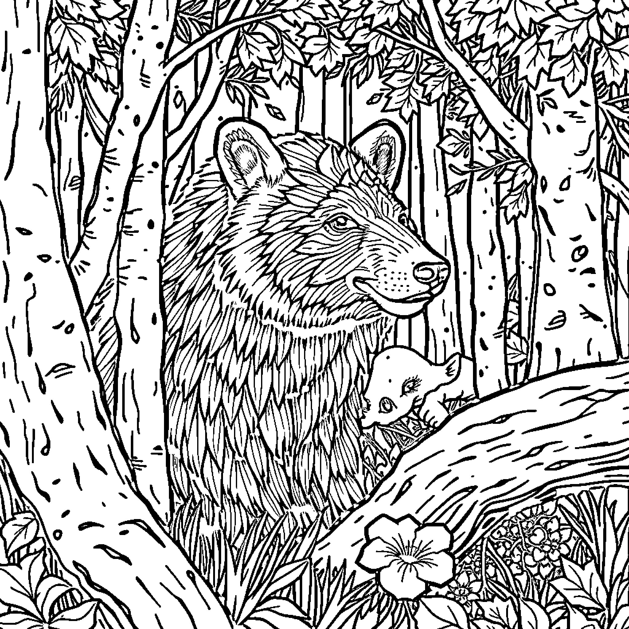 Spider-Man in the Enchanted Forest Coloring Page (free black-and-white line drawing printable PDF for all, from beginners to advanced learners, including children, teens, adults, and seniors)