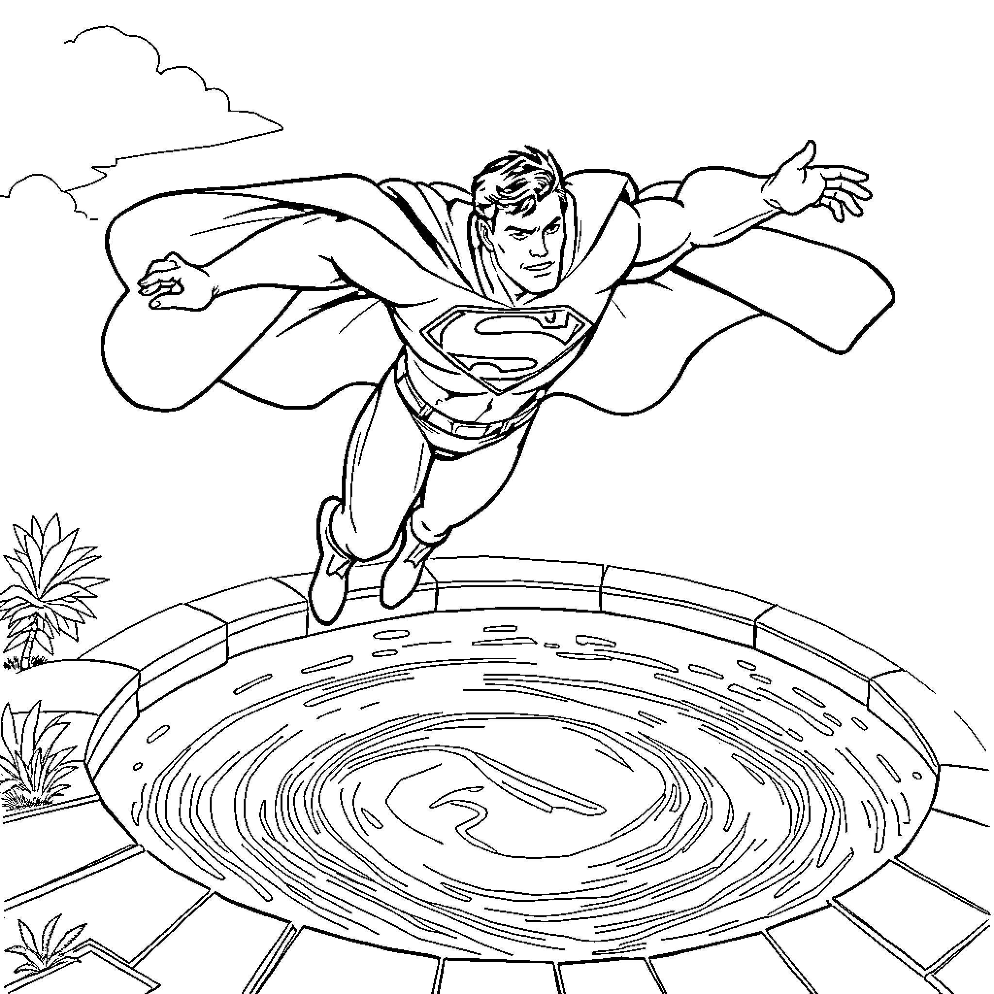 Superman soaring through the sky with determination Coloring Page (free black-and-white line drawing printable PDF for all, from beginners to advanced learners, including children, teens, adults, and seniors)