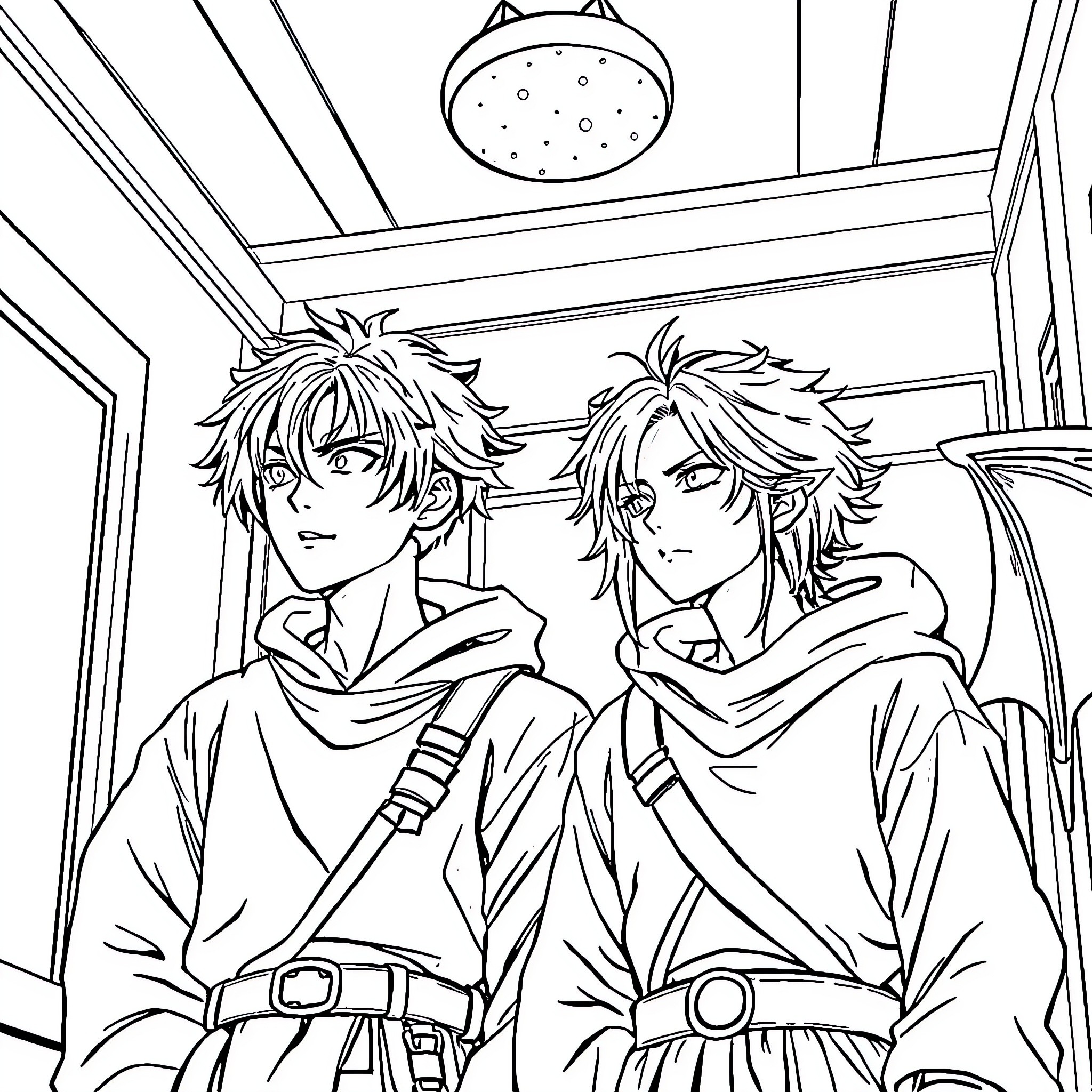 K-POP Demon Hunters in Action Coloring Page (free black-and-white line drawing printable PDF for all, from beginners to advanced learners, including children, teens, adults, and seniors)