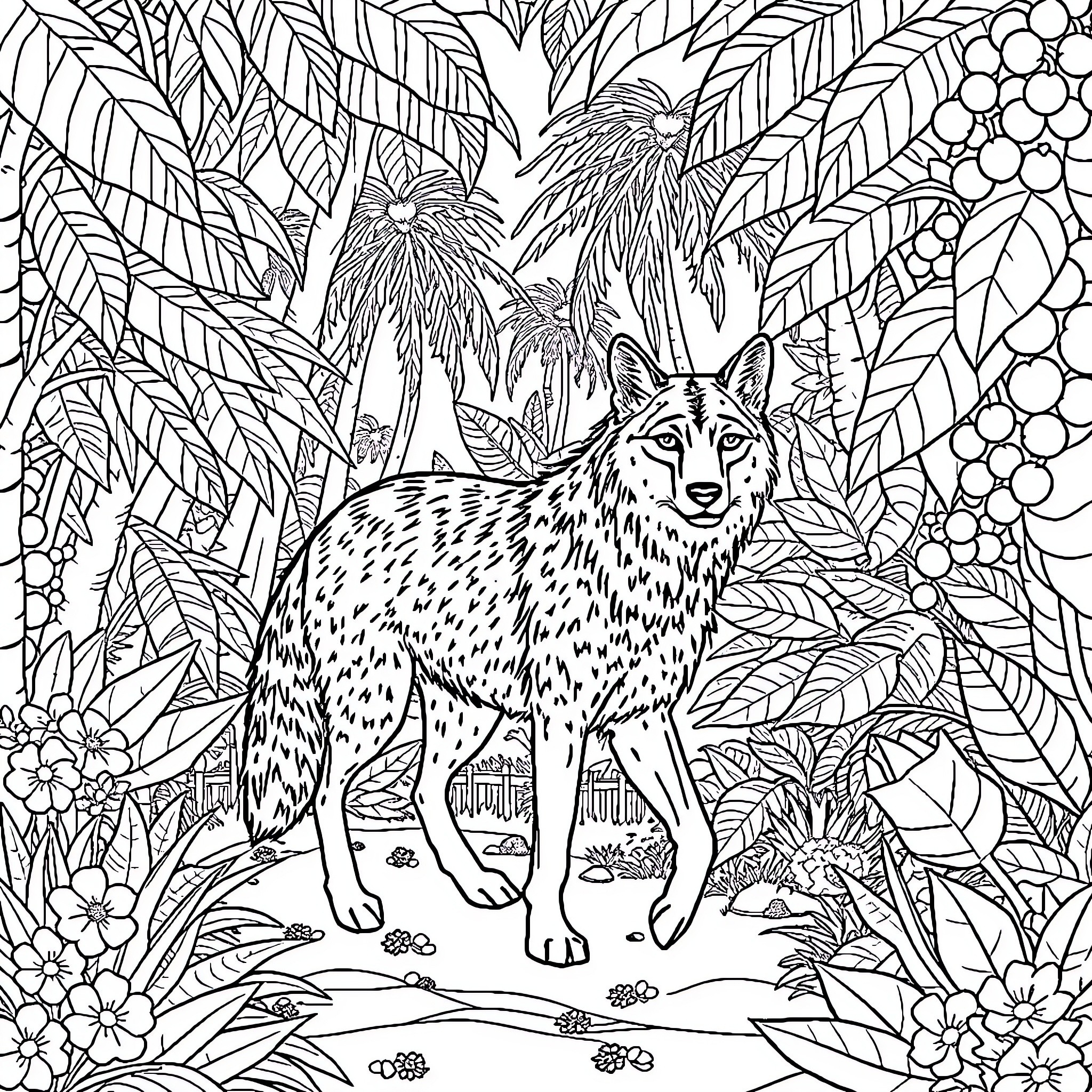 Wolf exploring the lush tropical forest Coloring Page (free black-and-white line drawing printable PDF for all, from beginners to advanced learners, including children, teens, adults, and seniors)