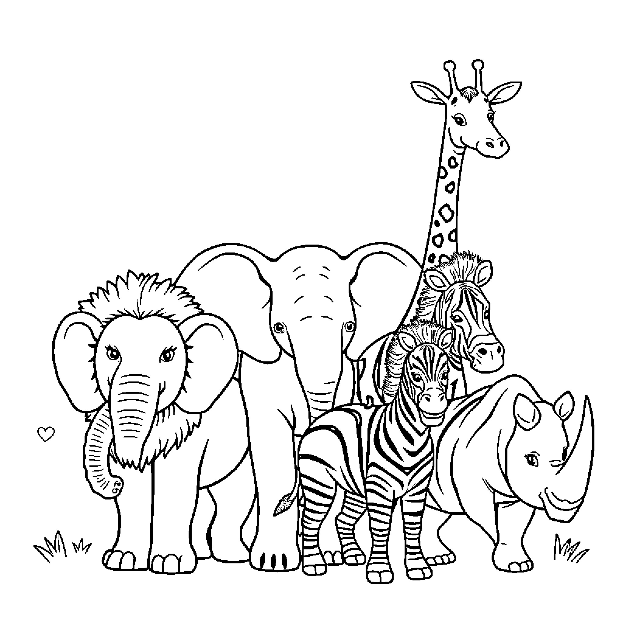 Animal friends posing together in the wild Coloring Page (free black-and-white line drawing printable PDF for all, from beginners to advanced learners, including children, teens, adults, and seniors)