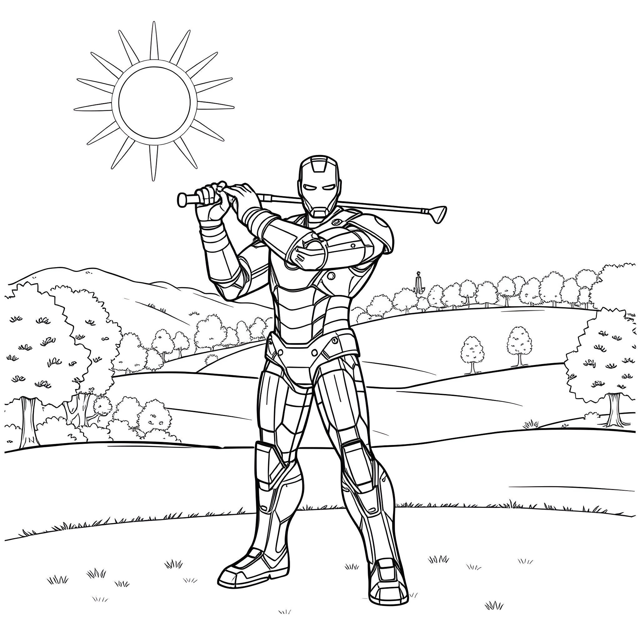 Ironman hero in action pose on scenic landscape Coloring Page (free black-and-white line drawing printable PDF for all, from beginners to advanced learners, including children, teens, adults, and seniors)