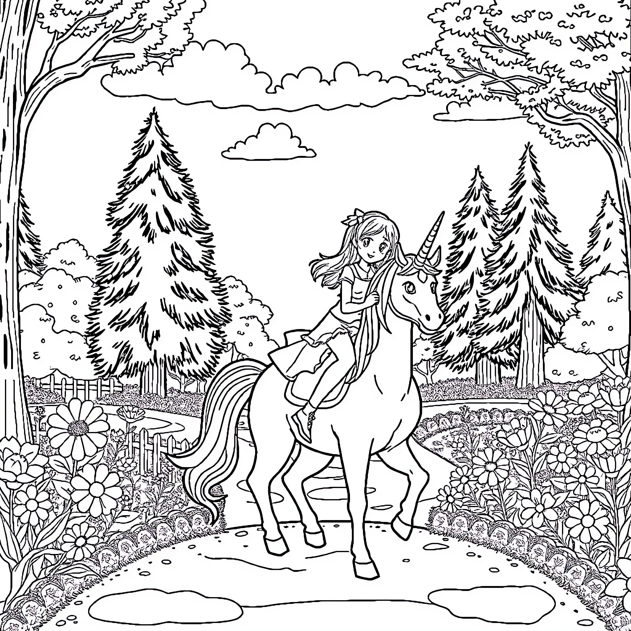 Kuromi riding a majestic unicorn through a fantastical forest Coloring Page (free black-and-white line drawing printable PDF for all, from beginners to advanced learners, including children, teens, adults, and seniors)