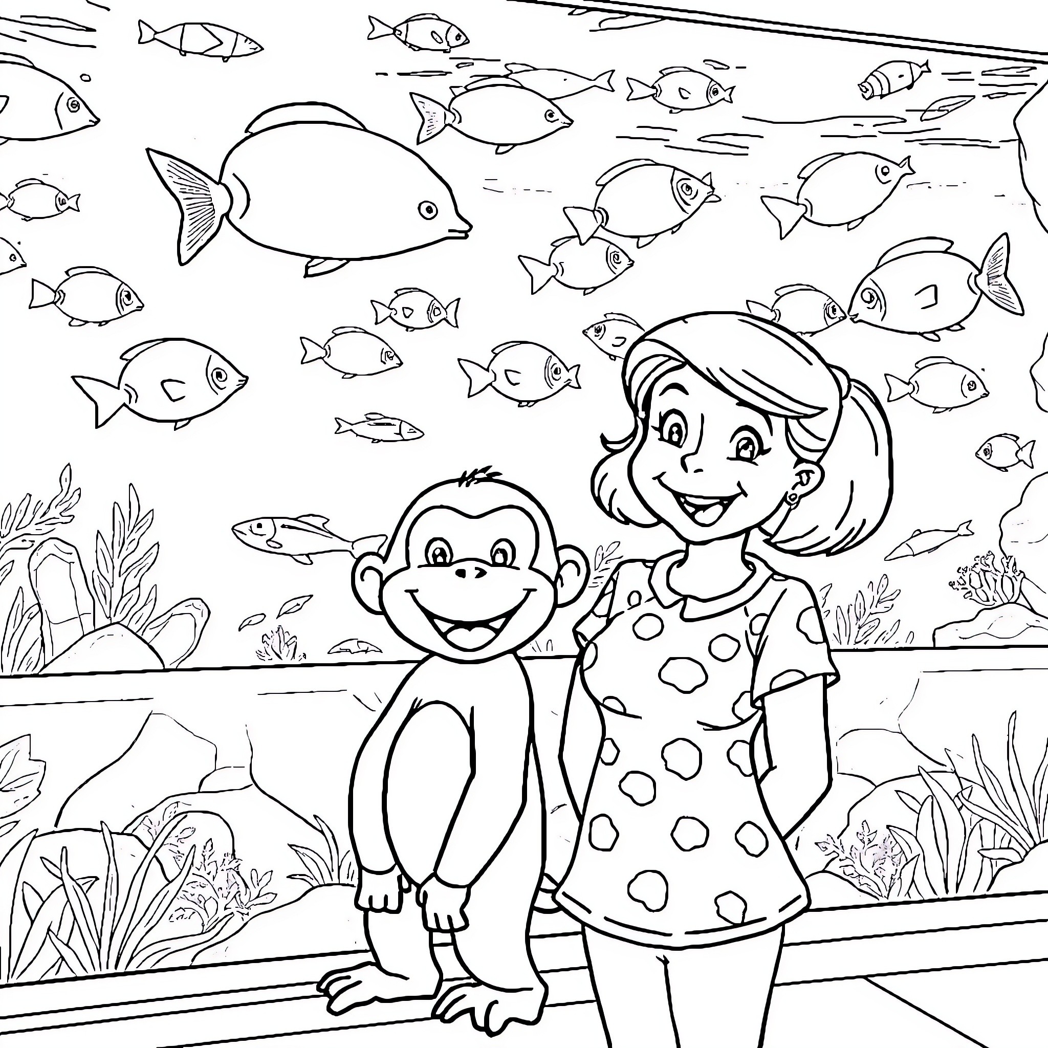 Curious George and Friend Explore the Aquarium Coloring Page (free black-and-white line drawing printable PDF for all, from beginners to advanced learners, including children, teens, adults, and seniors)