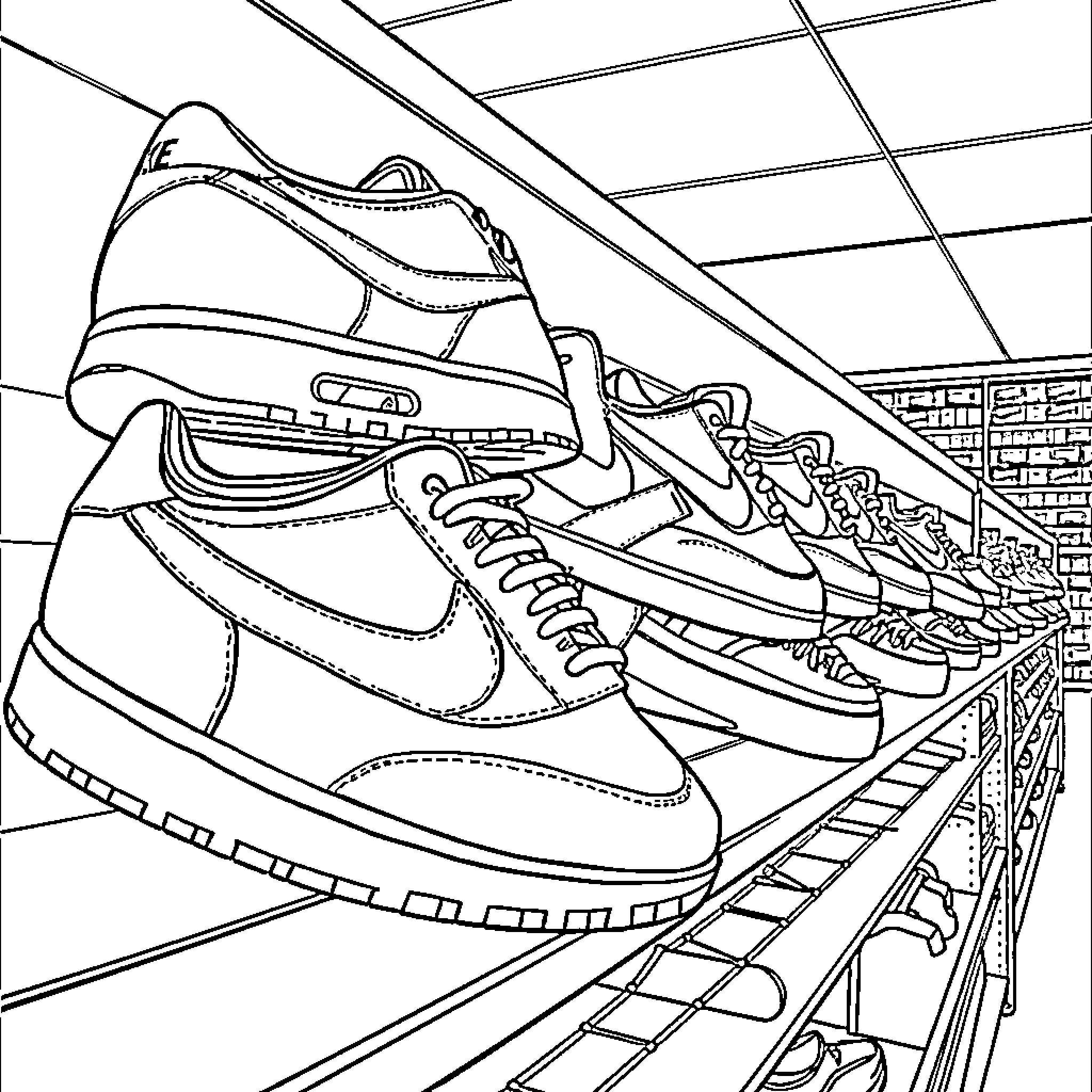 Nike Shoes on Shelves in Retail Store Coloring Page (free black-and-white line drawing printable PDF for all, from beginners to advanced learners, including children, teens, adults, and seniors)