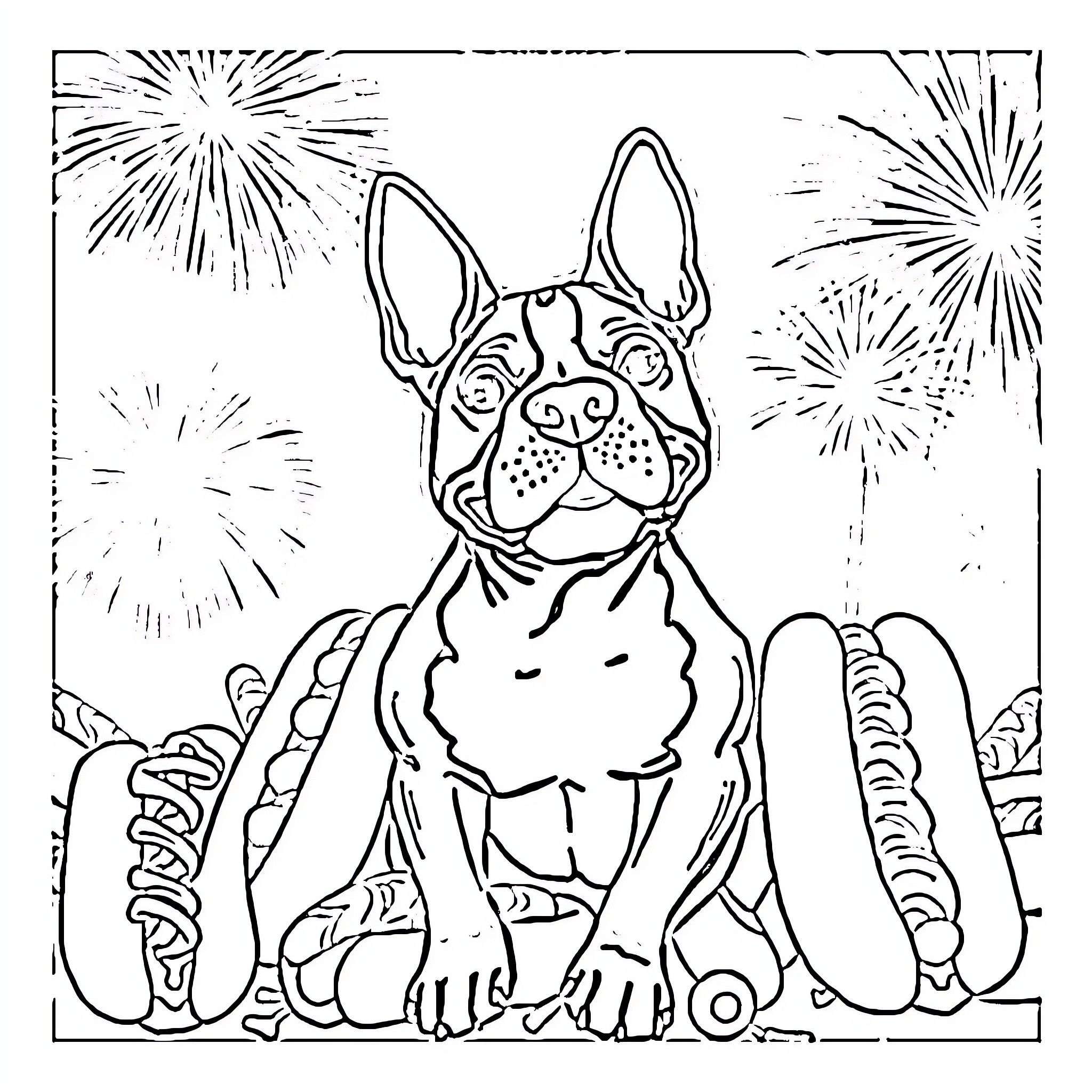 Dog enjoying fireworks display in the park Coloring Page (free black-and-white line drawing printable PDF for all, from beginners to advanced learners, including children, teens, adults, and seniors)