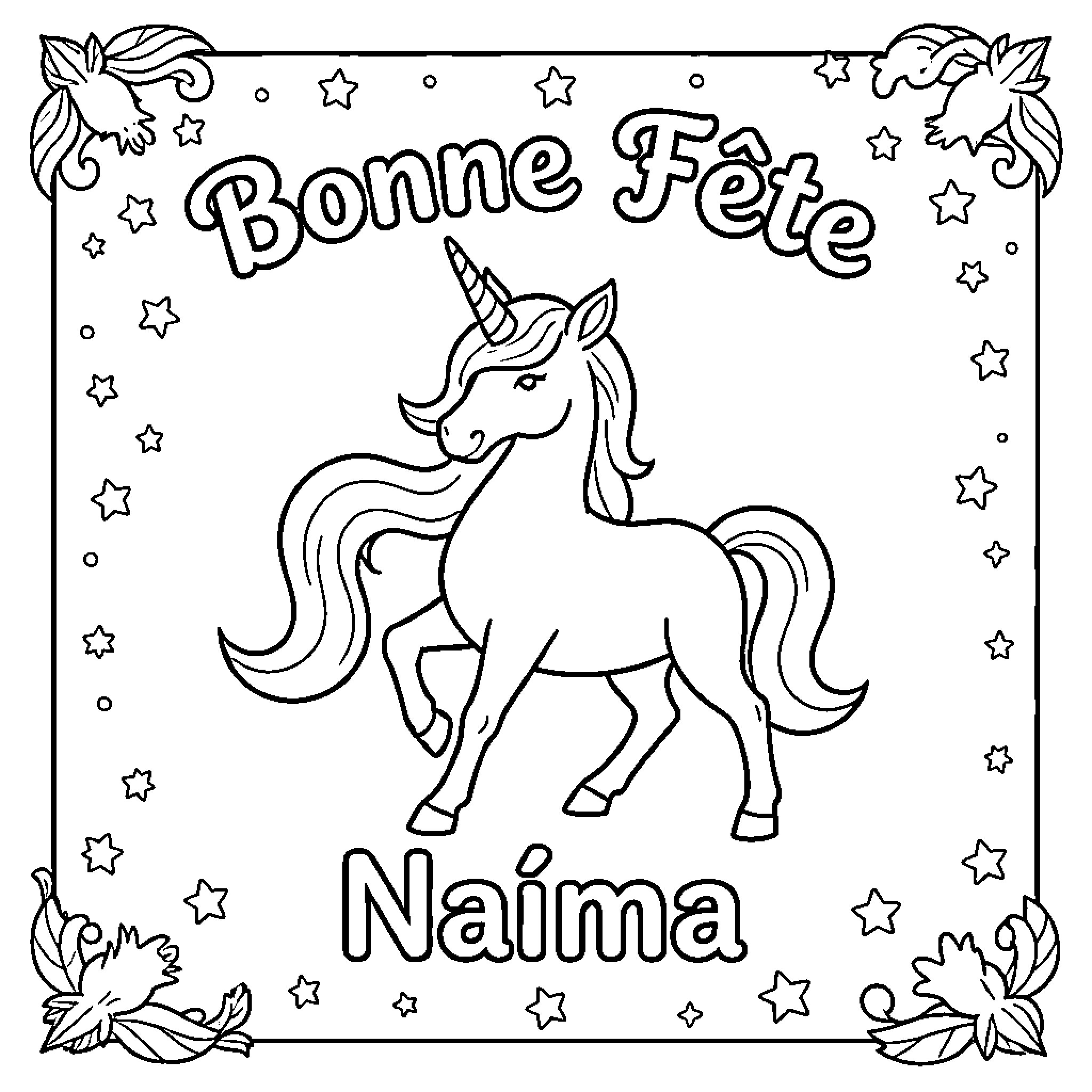 Unicorn standing proudly amidst stars and floral decorations Coloring Page (free black-and-white line drawing printable PDF for all, from beginners to advanced learners, including children, teens, adults, and seniors)