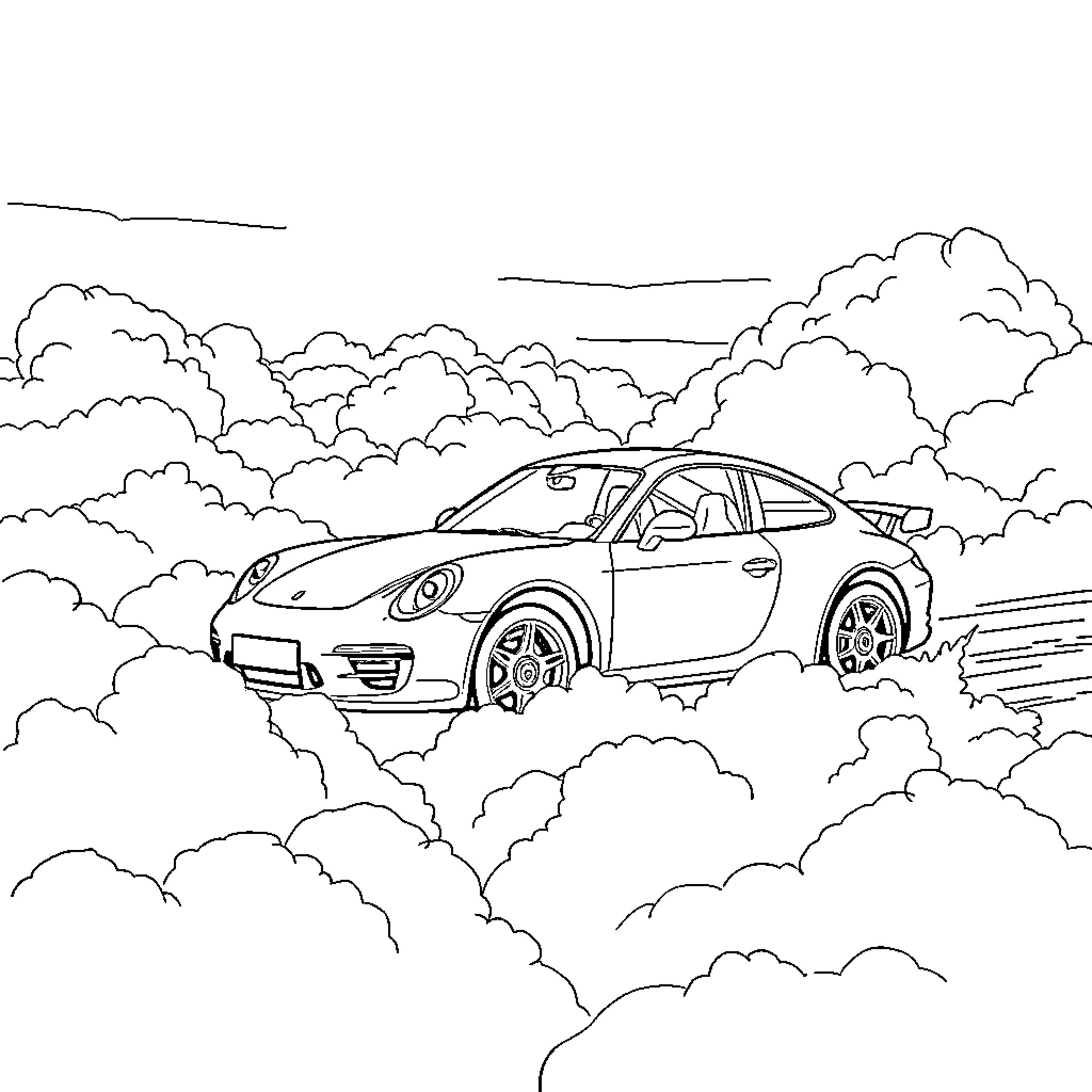 Car racing through the clouds Coloring Page (free black-and-white line drawing printable PDF for all, from beginners to advanced learners, including children, teens, adults, and seniors)