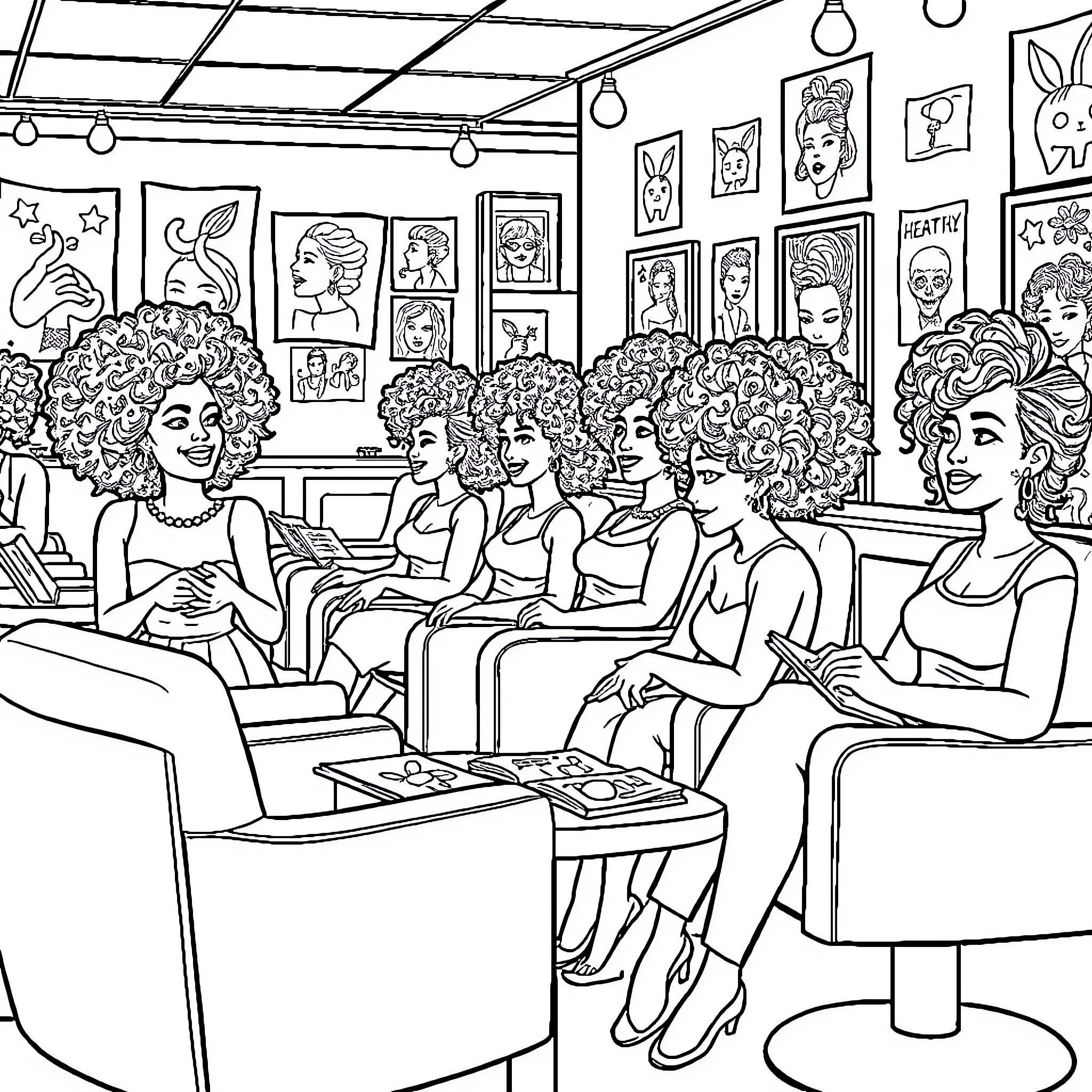 Women enjoying a gathering in an art gallery Coloring Page (free black-and-white line drawing printable PDF for all, from beginners to advanced learners, including children, teens, adults, and seniors)