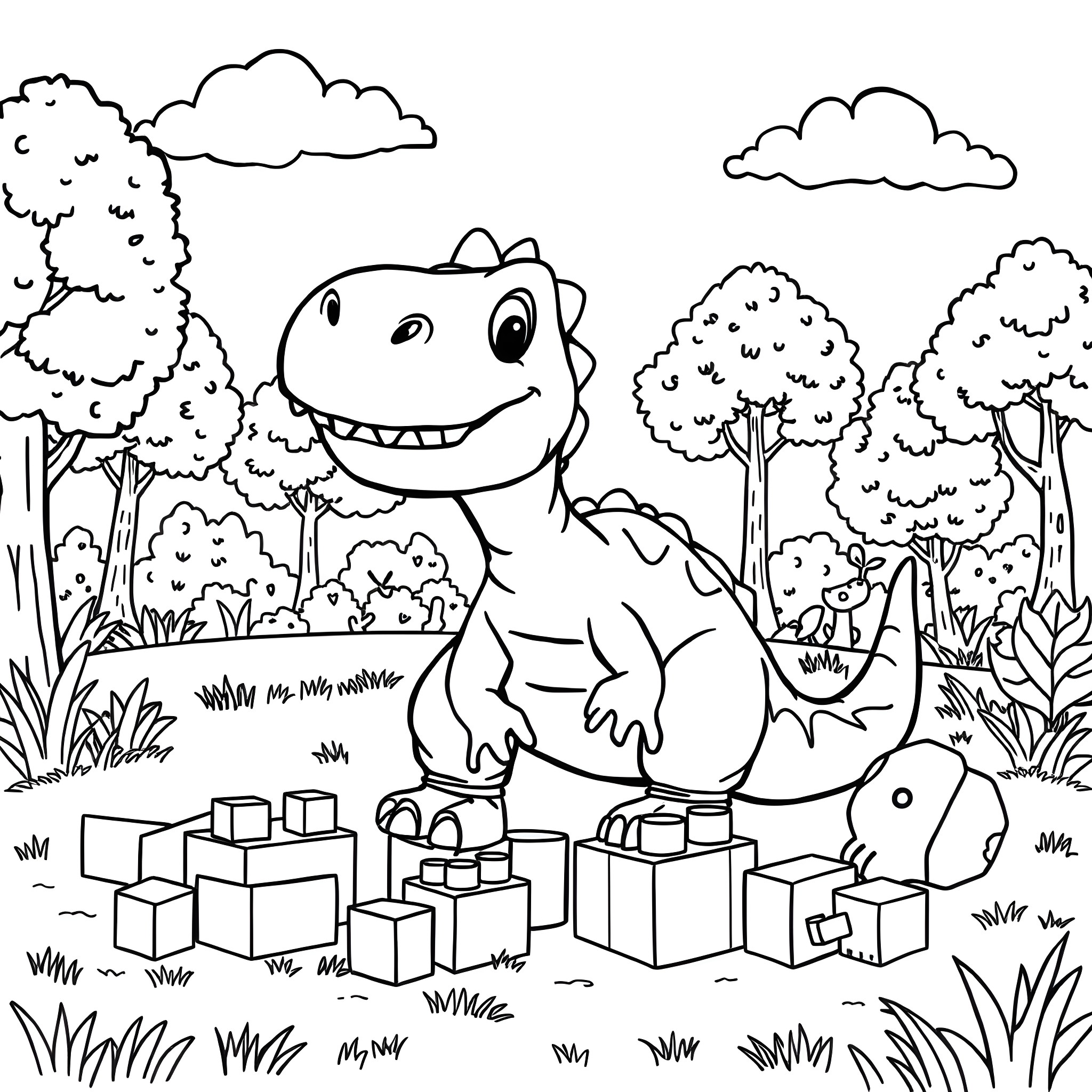 Dinosaur playing happily with building blocks in the forest Coloring Page (free black-and-white line drawing printable PDF for all, from beginners to advanced learners, including children, teens, adults, and seniors)
