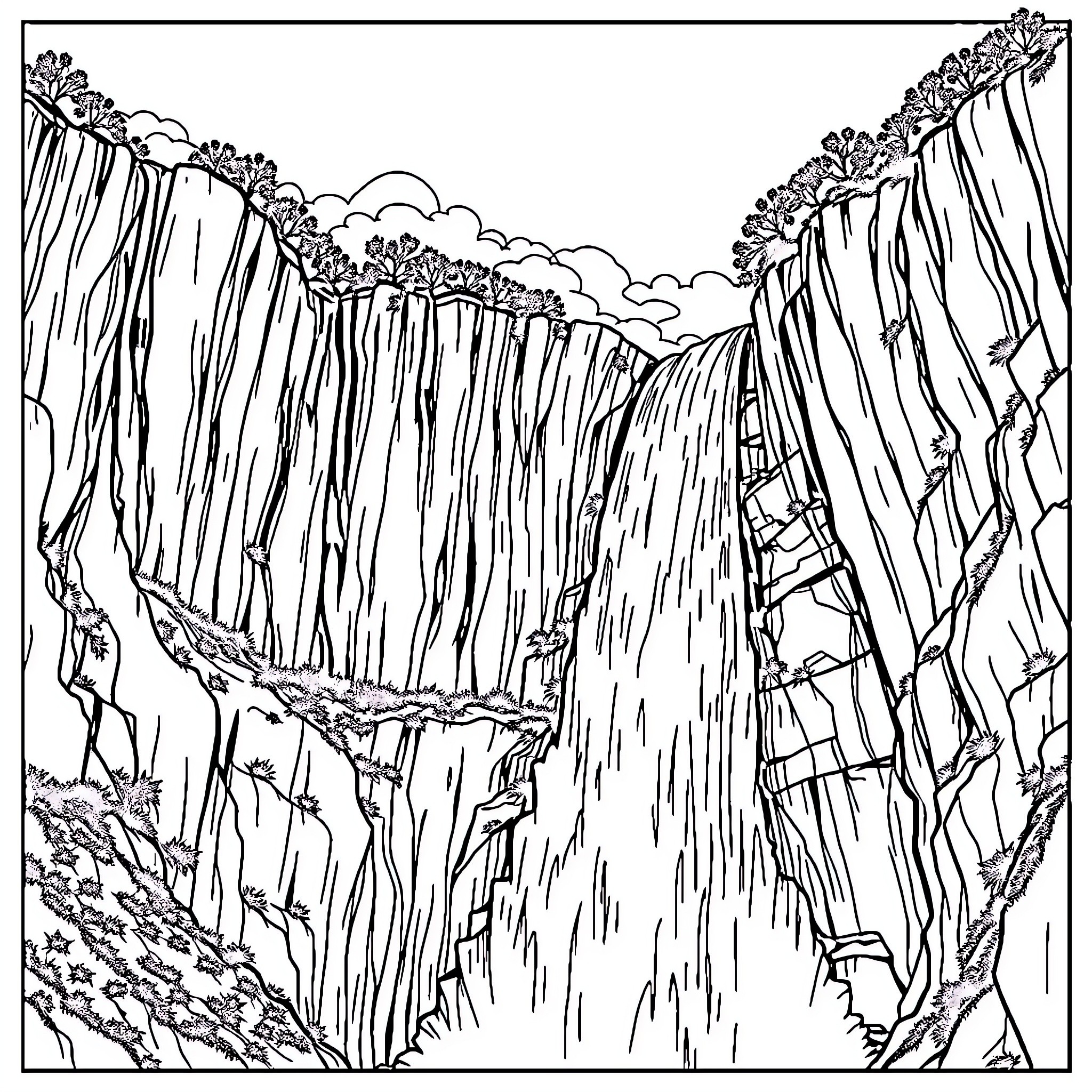 Salto Angel: Dramatic Waterfall Scenery Coloring Page (free black-and-white line drawing printable PDF for all, from beginners to advanced learners, including children, teens, adults, and seniors)
