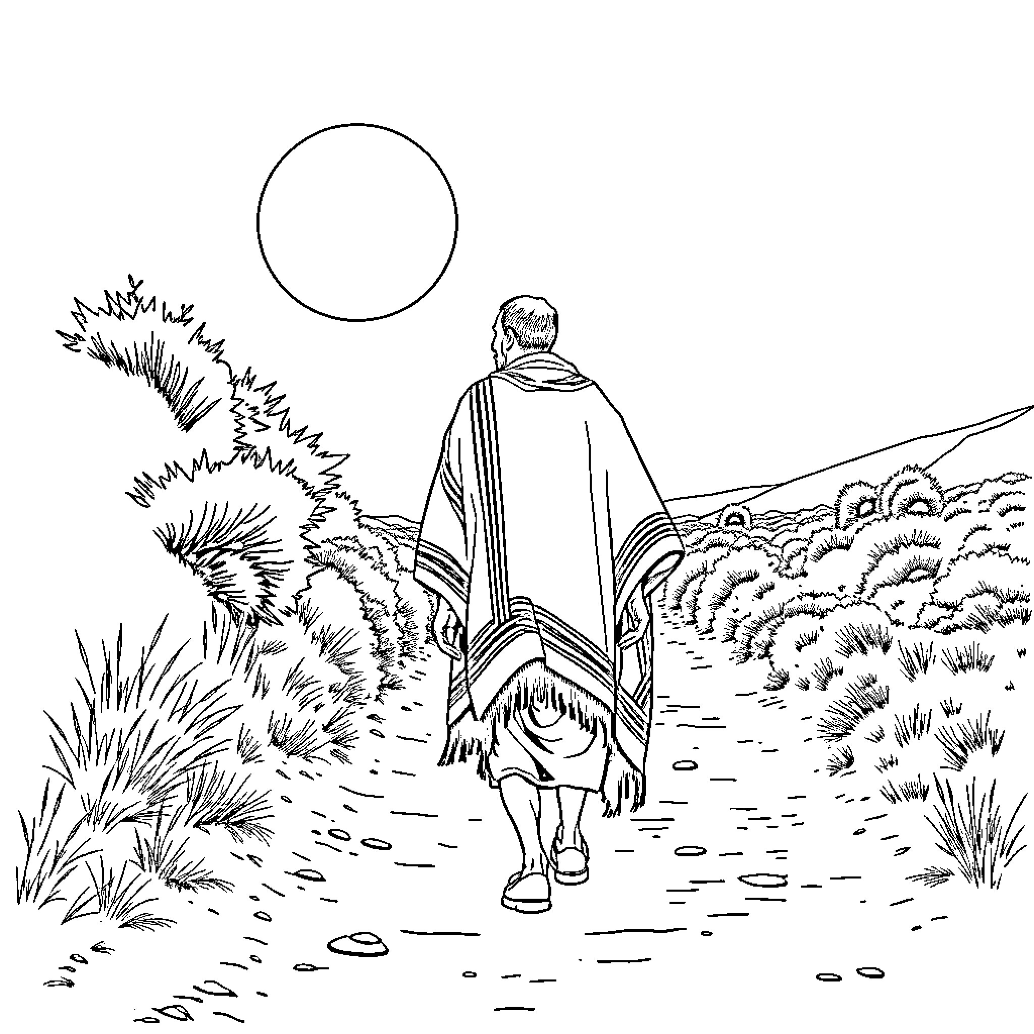Man walking alone on a path in nature Coloring Page (free black-and-white line drawing printable PDF for all, from beginners to advanced learners, including children, teens, adults, and seniors)
