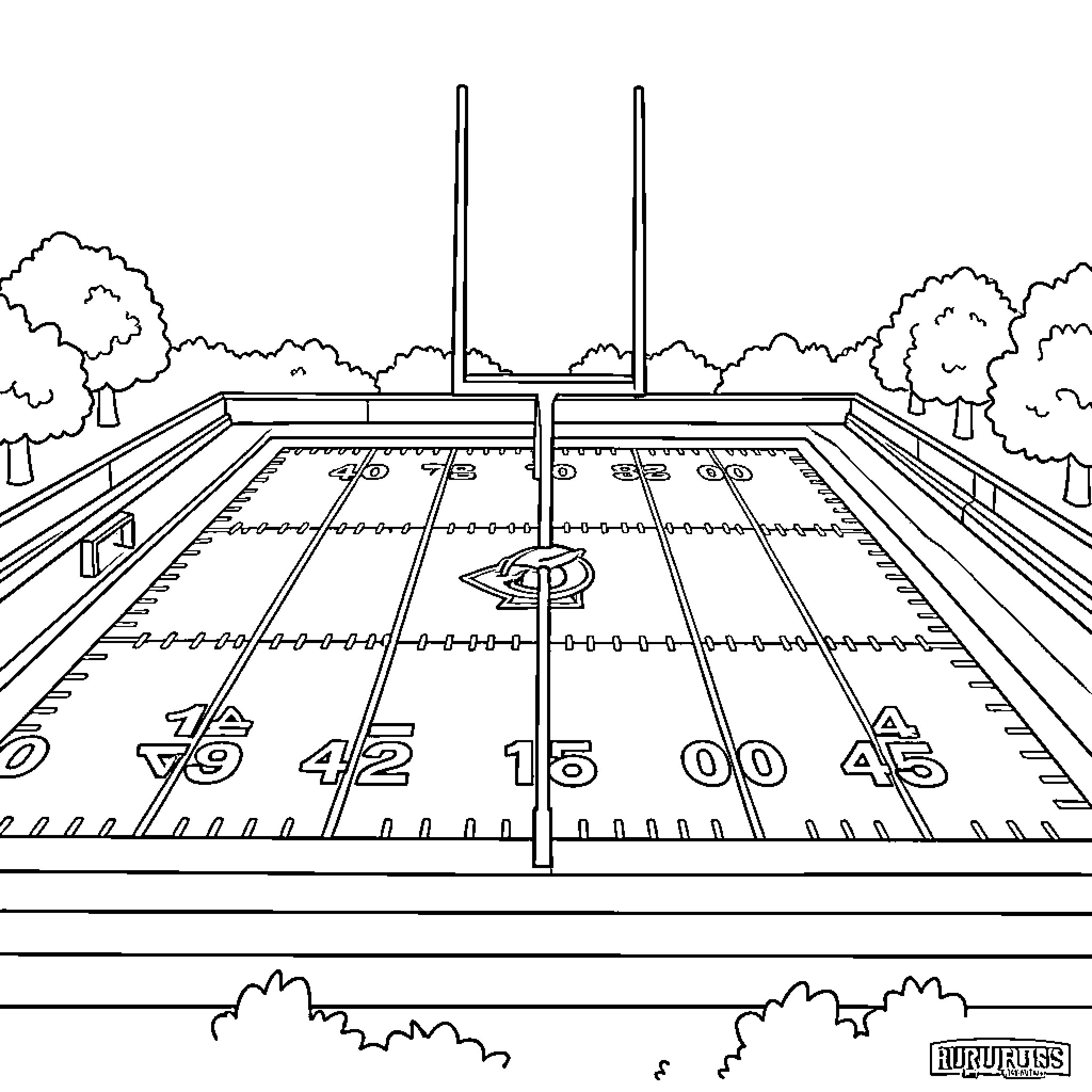 Football Field with Yard Markers and Goalposts Coloring Page (free black-and-white line drawing printable PDF for all, from beginners to advanced learners, including children, teens, adults, and seniors)