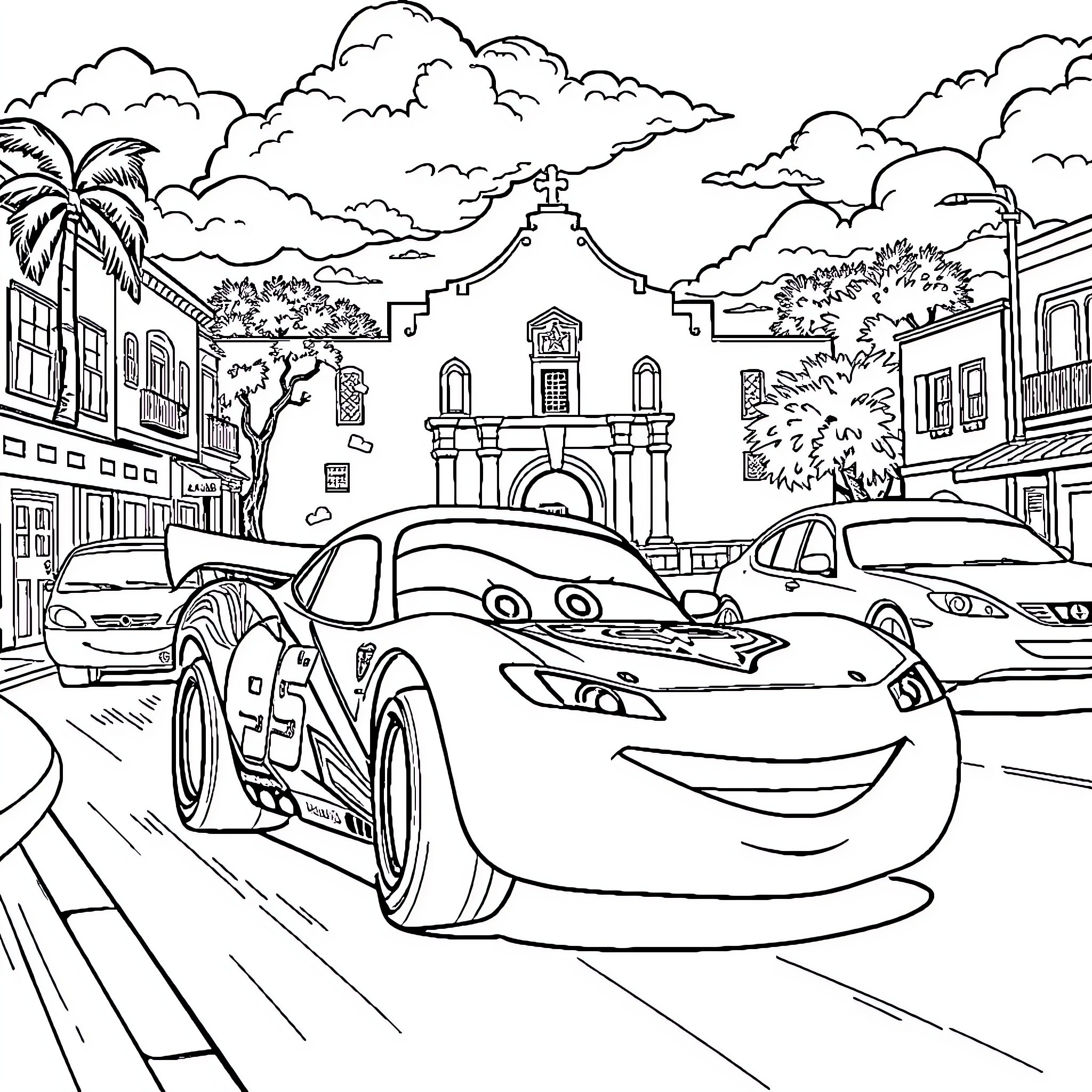 Lightning McQueen races through a colorful town Coloring Page (free black-and-white line drawing printable PDF for all, from beginners to advanced learners, including children, teens, adults, and seniors)