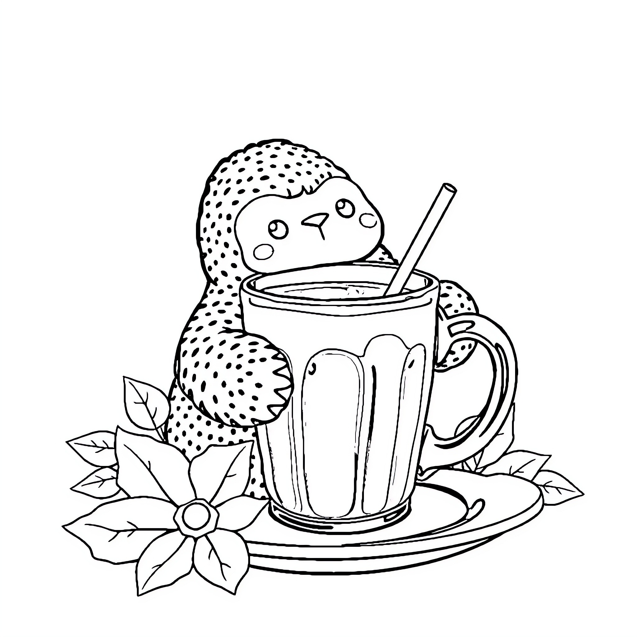 Labubu enjoying a cozy drink with a flower Coloring Page (free black-and-white line drawing printable PDF for all, from beginners to advanced learners, including children, teens, adults, and seniors)