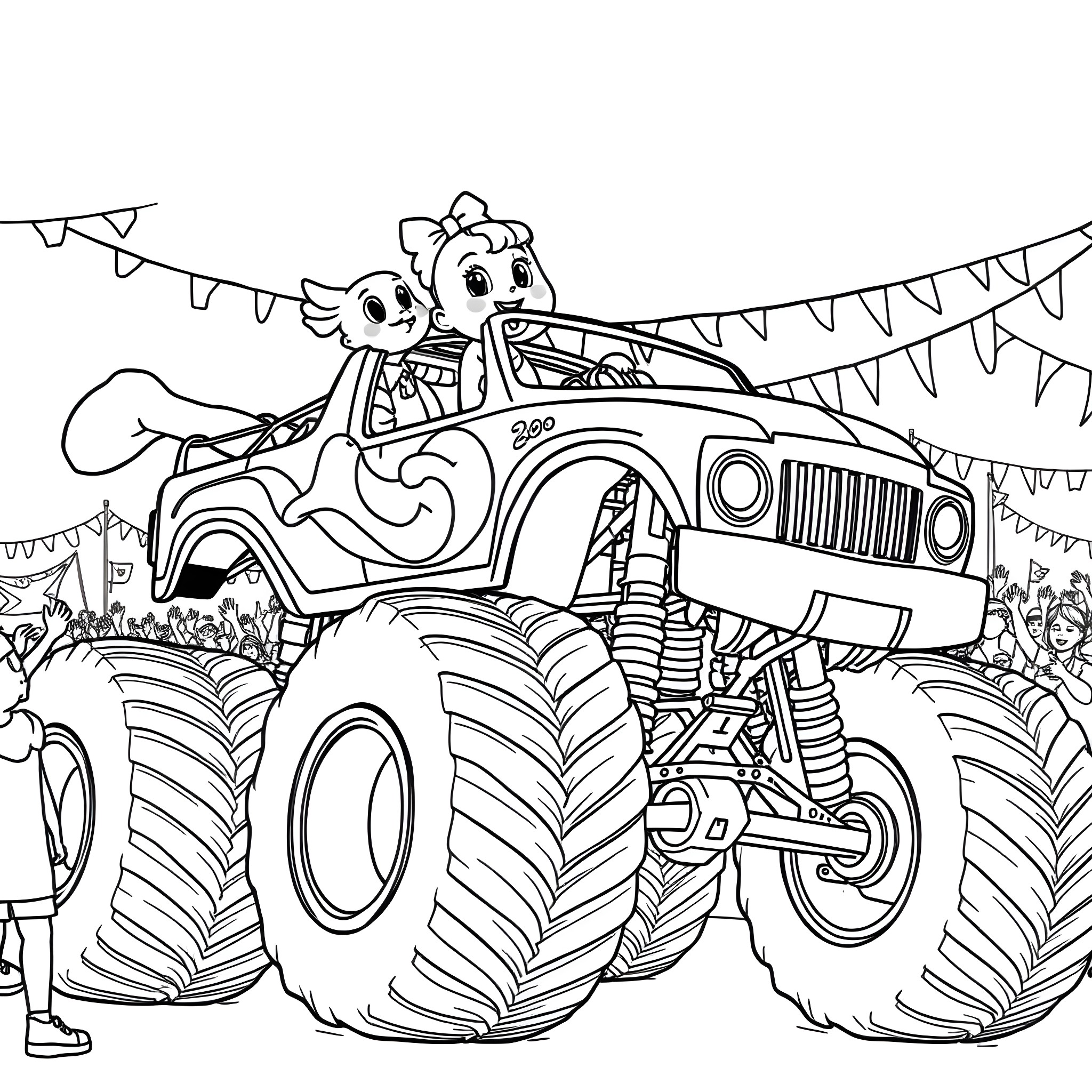 Monster Truck Driven by Cartoon Characters on Stage Coloring Page (free black-and-white line drawing printable PDF for all, from beginners to advanced learners, including children, teens, adults, and seniors)