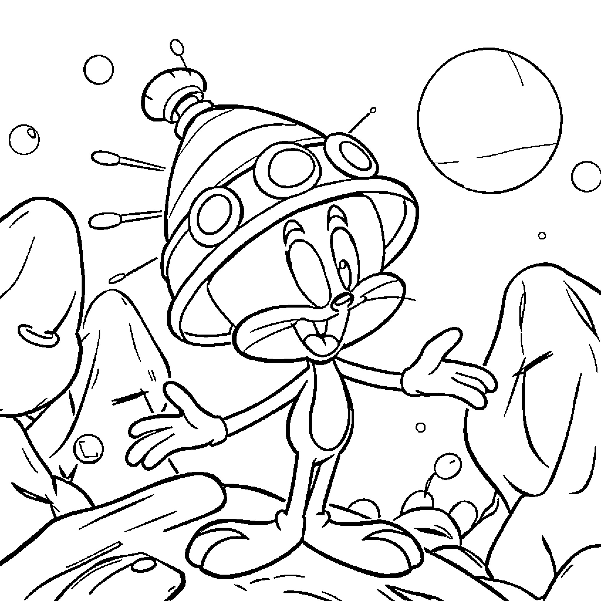 Marvin the Cartoon Character Explores the Underwater World Coloring Page (free black-and-white line drawing printable PDF for all, from beginners to advanced learners, including children, teens, adults, and seniors)