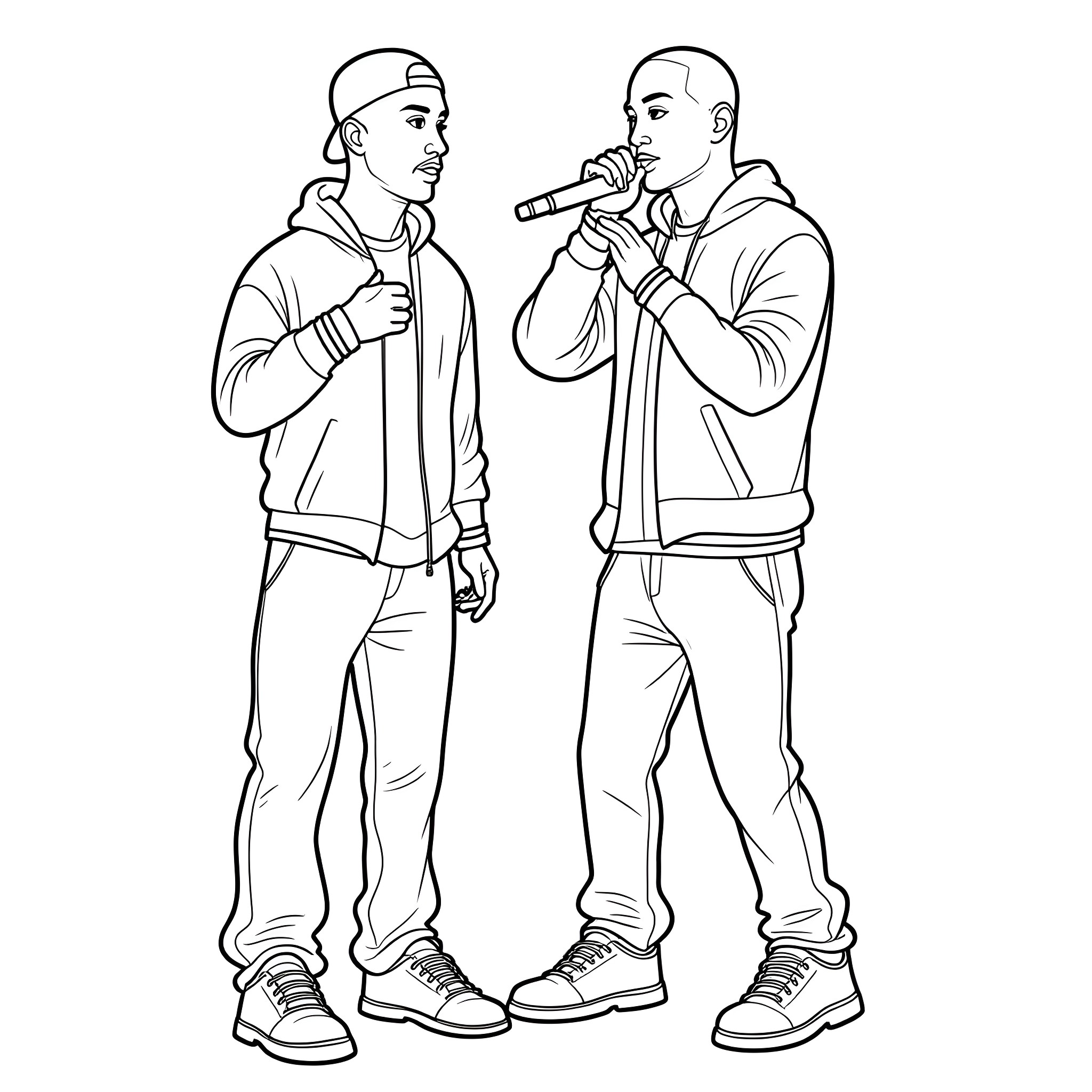 Eminem performing on stage with another rapper Coloring Page (free black-and-white line drawing printable PDF for all, from beginners to advanced learners, including children, teens, adults, and seniors)