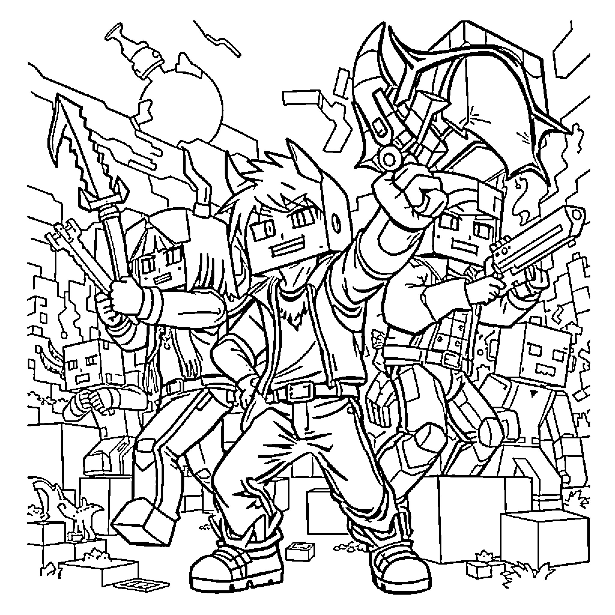 Demon Hunter Battles Monstrous Adversaries in Chaotic Realm Coloring Page (free black-and-white line drawing printable PDF for all, from beginners to advanced learners, including children, teens, adults, and seniors)