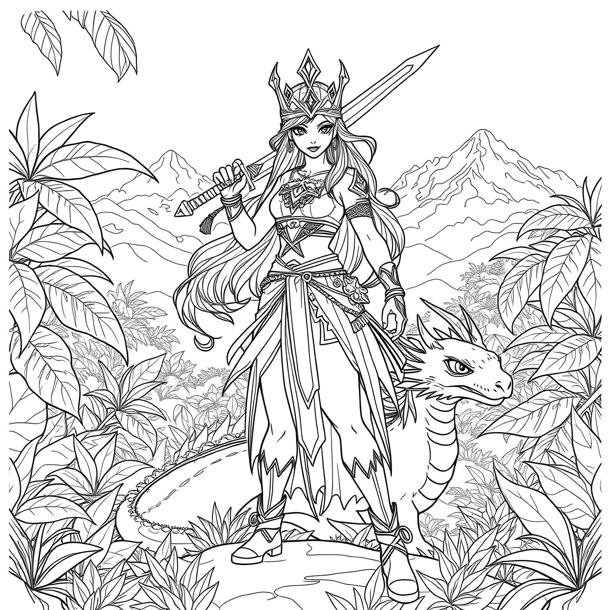 Raya, the Warrior Princess, Explores the Enchanted Wilderness Coloring Page (free black-and-white line drawing printable PDF for all, from beginners to advanced learners, including children, teens, adults, and seniors)