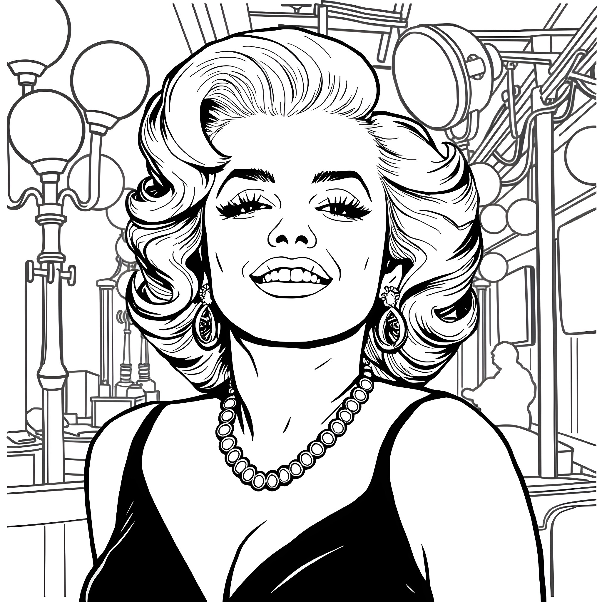 Marilyn Monroe's Glamorous Pose Coloring Page (free black-and-white line drawing printable PDF for all, from beginners to advanced learners, including children, teens, adults, and seniors)