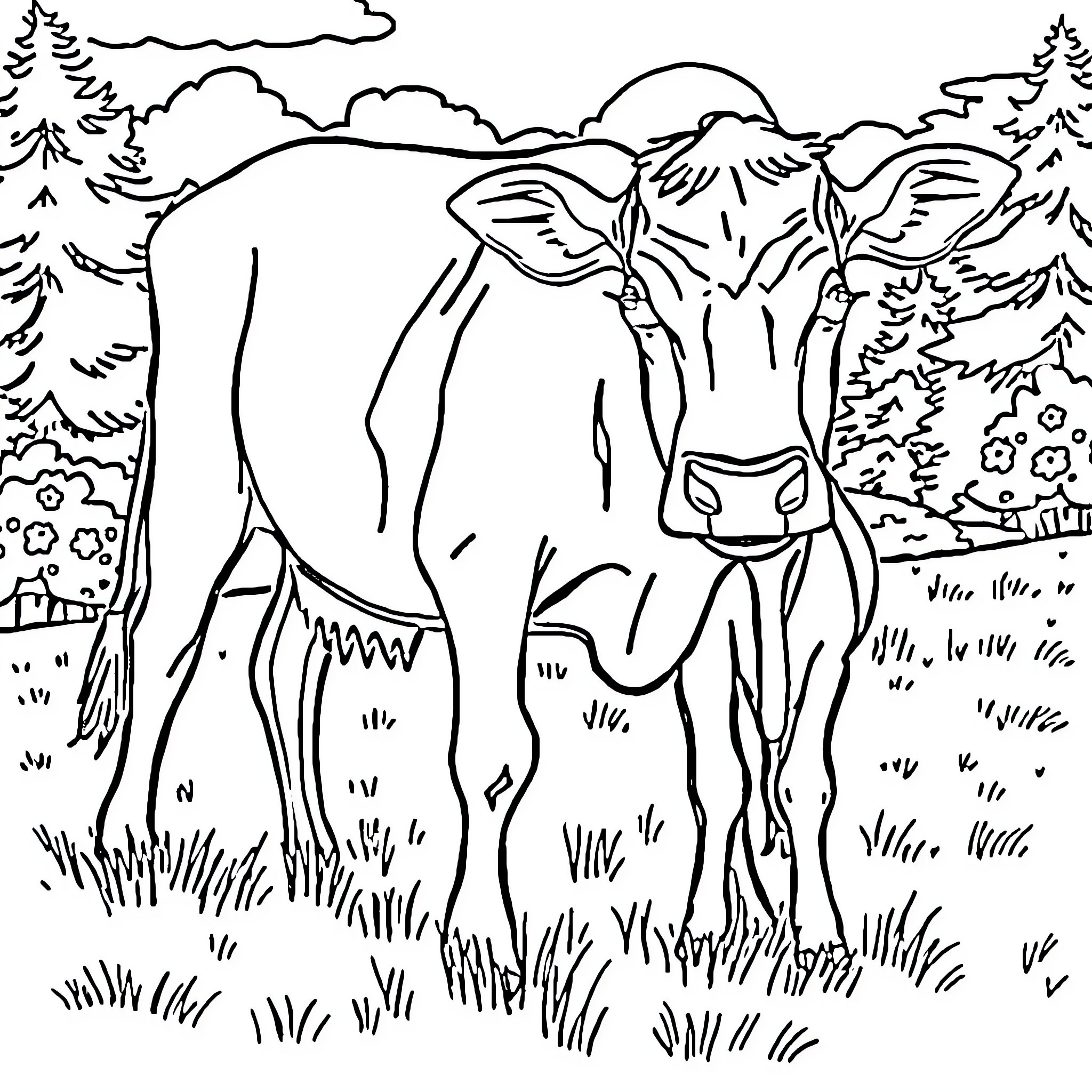Cow standing in the countryside Coloring Page (free black-and-white line drawing printable PDF for all, from beginners to advanced learners, including children, teens, adults, and seniors)