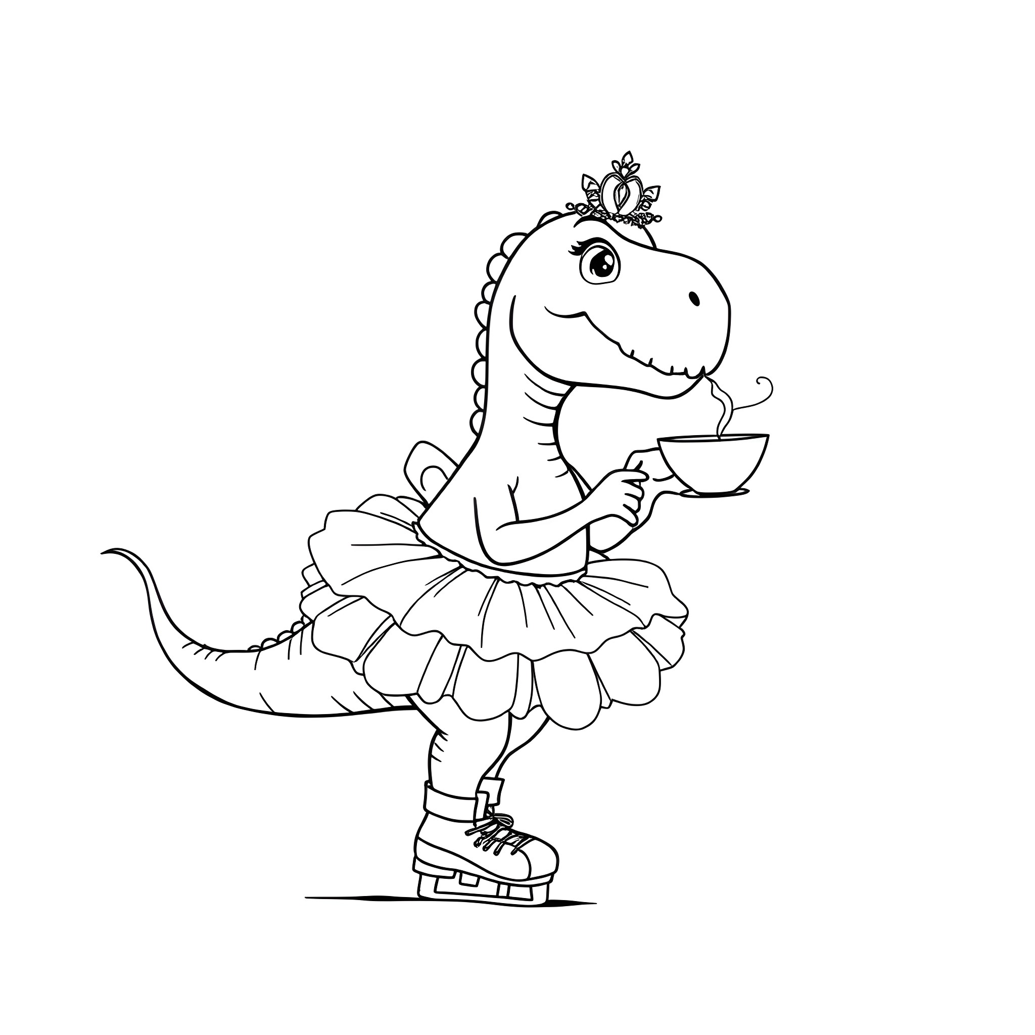Dinosaur ballerina enjoying a cup of tea Coloring Page (free black-and-white line drawing printable PDF for all, from beginners to advanced learners, including children, teens, adults, and seniors)