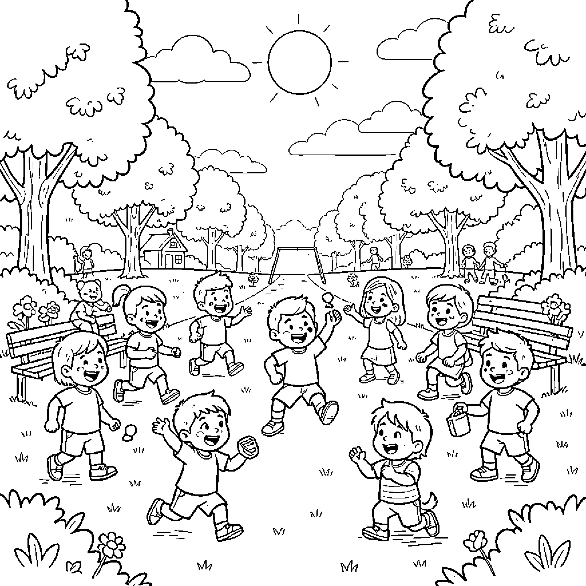 Key Moments of Children Playing in Scenic Park Coloring Page (free black-and-white line drawing printable PDF for all, from beginners to advanced learners, including children, teens, adults, and seniors)
