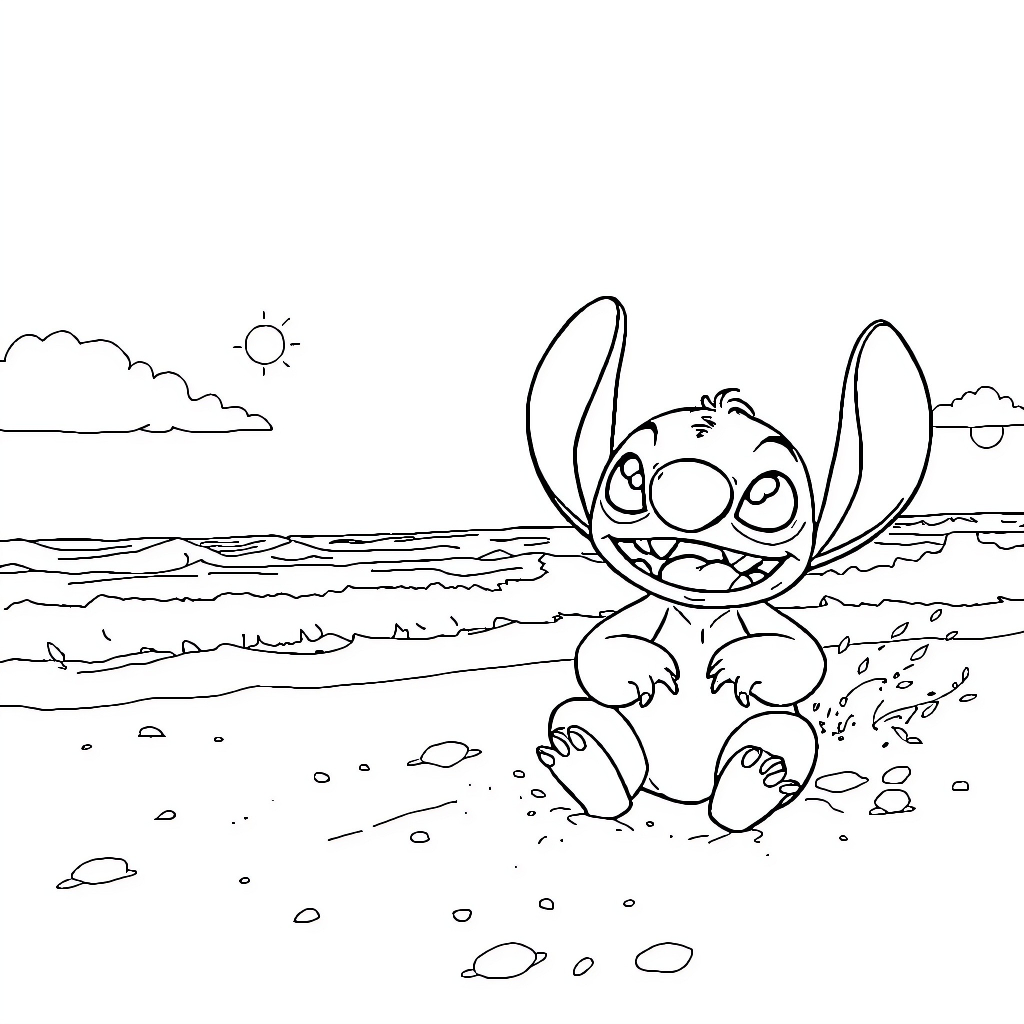 Lilo And Stitch playing on the beach Coloring Page (free black-and-white line drawing printable PDF for all, from beginners to advanced learners, including children, teens, adults, and seniors)