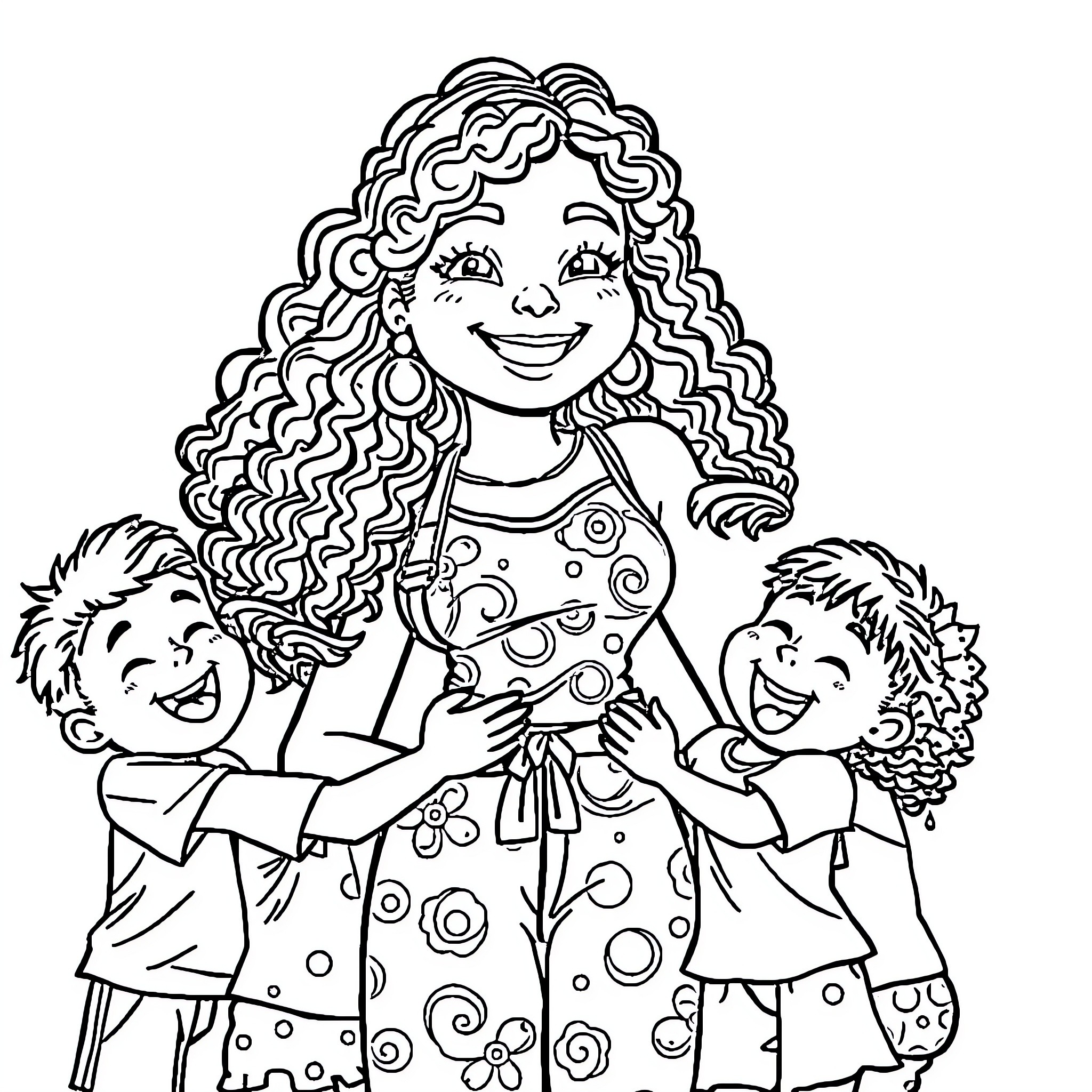 Teacher with cheerful students in creative attire Coloring Page (free black-and-white line drawing printable PDF for all, from beginners to advanced learners, including children, teens, adults, and seniors)