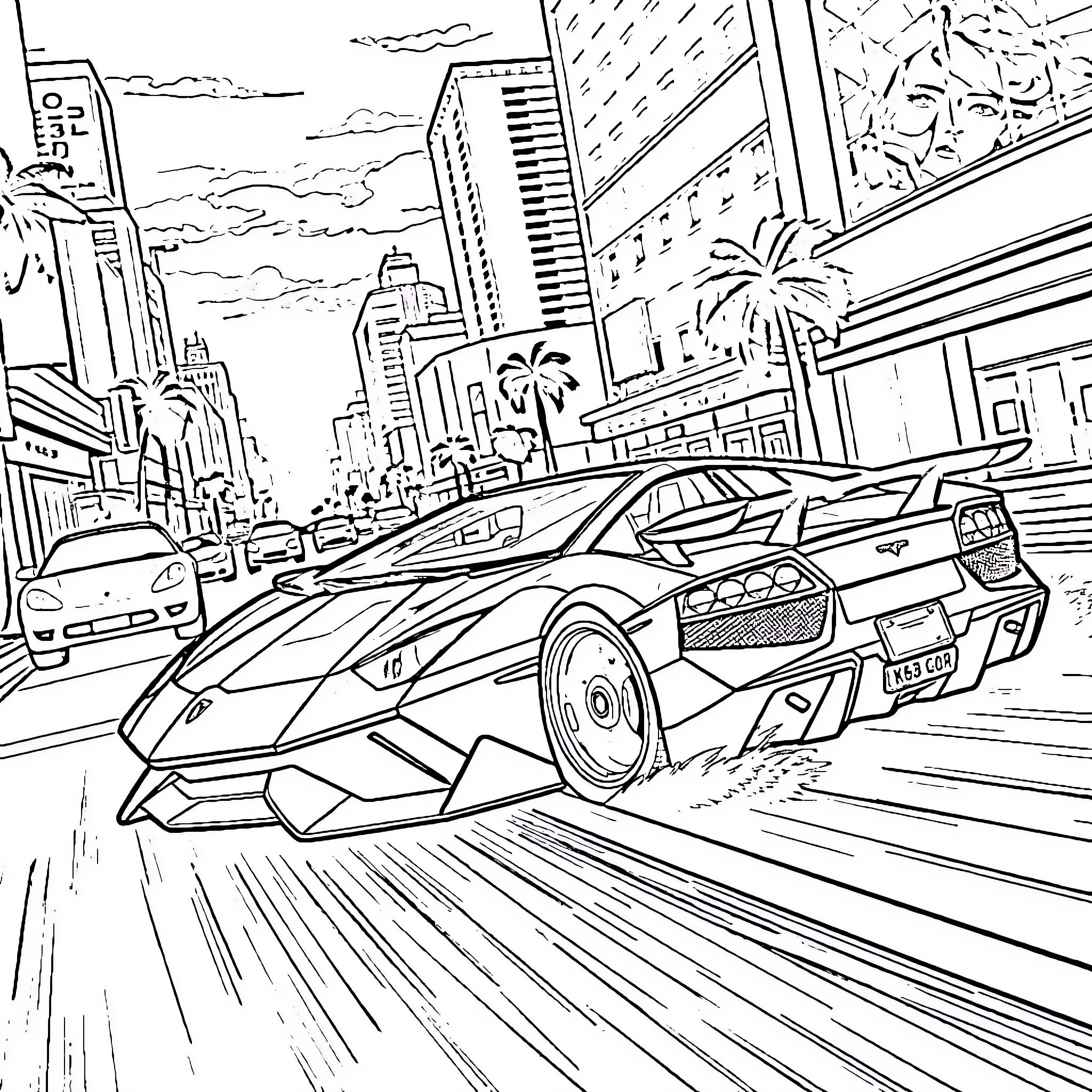 Lamborghini speeding through busy city streets Coloring Page (free black-and-white line drawing printable PDF for all, from beginners to advanced learners, including children, teens, adults, and seniors)