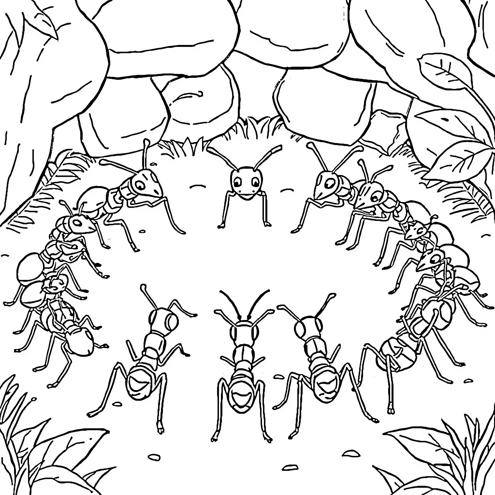 Ants working together in the wilderness Coloring Page (free black-and-white line drawing printable PDF for all, from beginners to advanced learners, including children, teens, adults, and seniors)