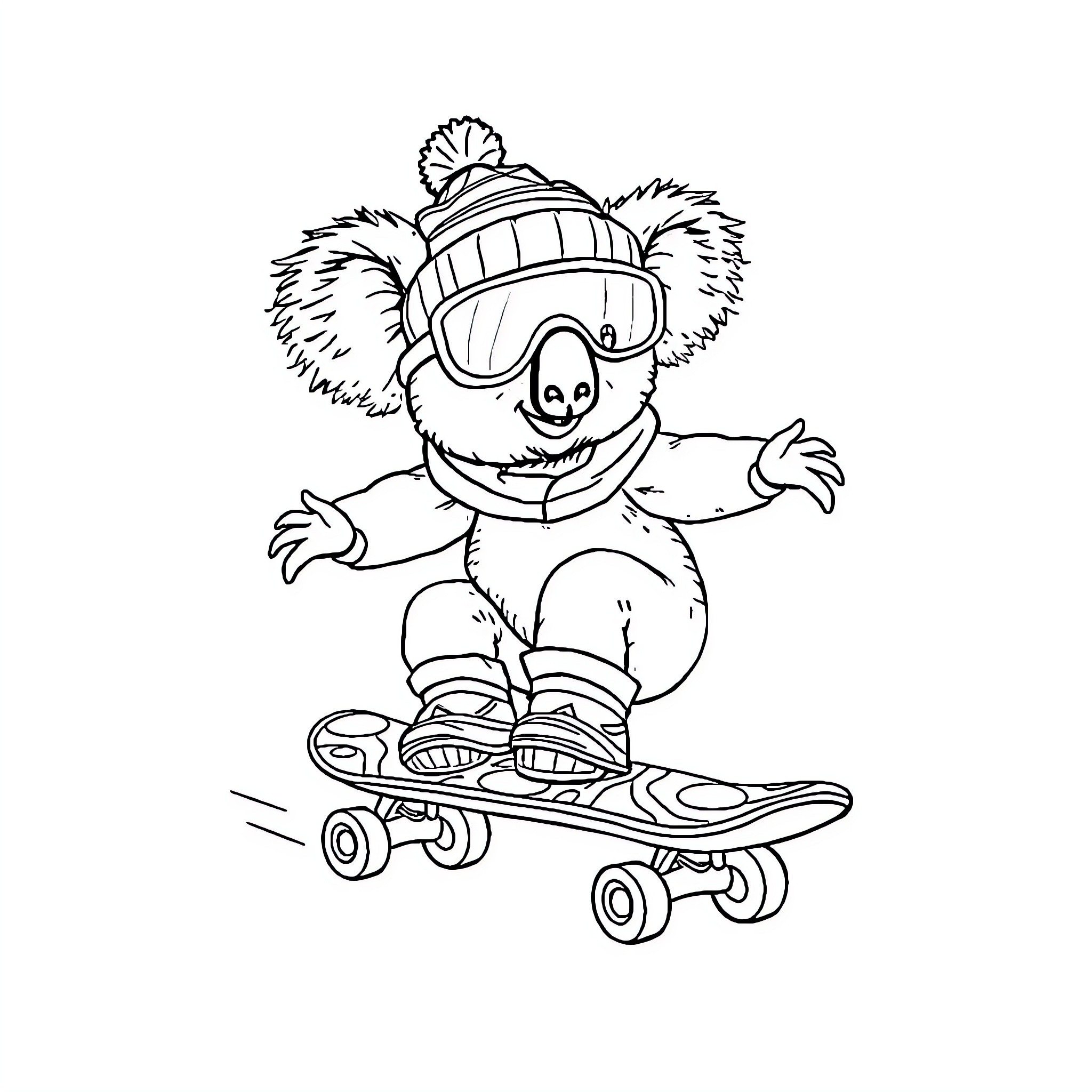 Koala riding a skateboard in winter gear Coloring Page (free black-and-white line drawing printable PDF for all, from beginners to advanced learners, including children, teens, adults, and seniors)