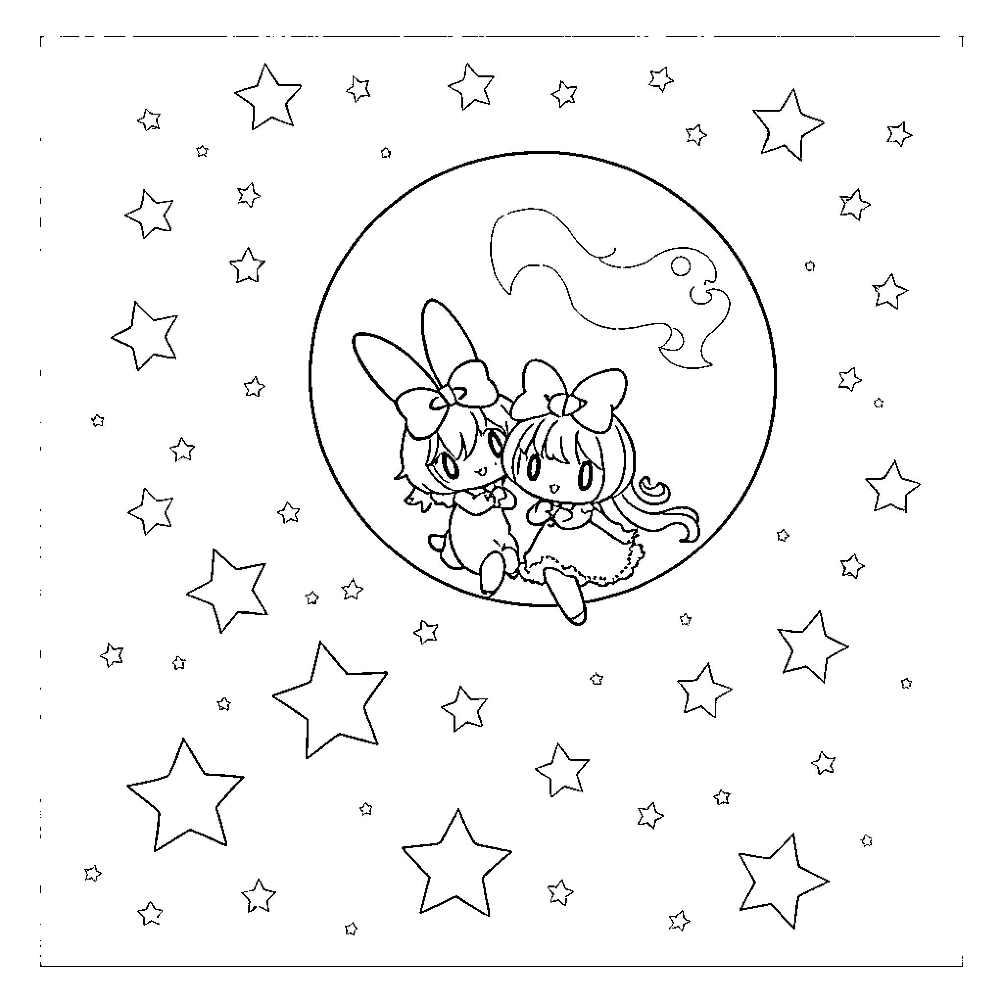 My Melody: Rabbits frolicking under the starry night Coloring Page (free black-and-white line drawing printable PDF for all, from beginners to advanced learners, including children, teens, adults, and seniors)
