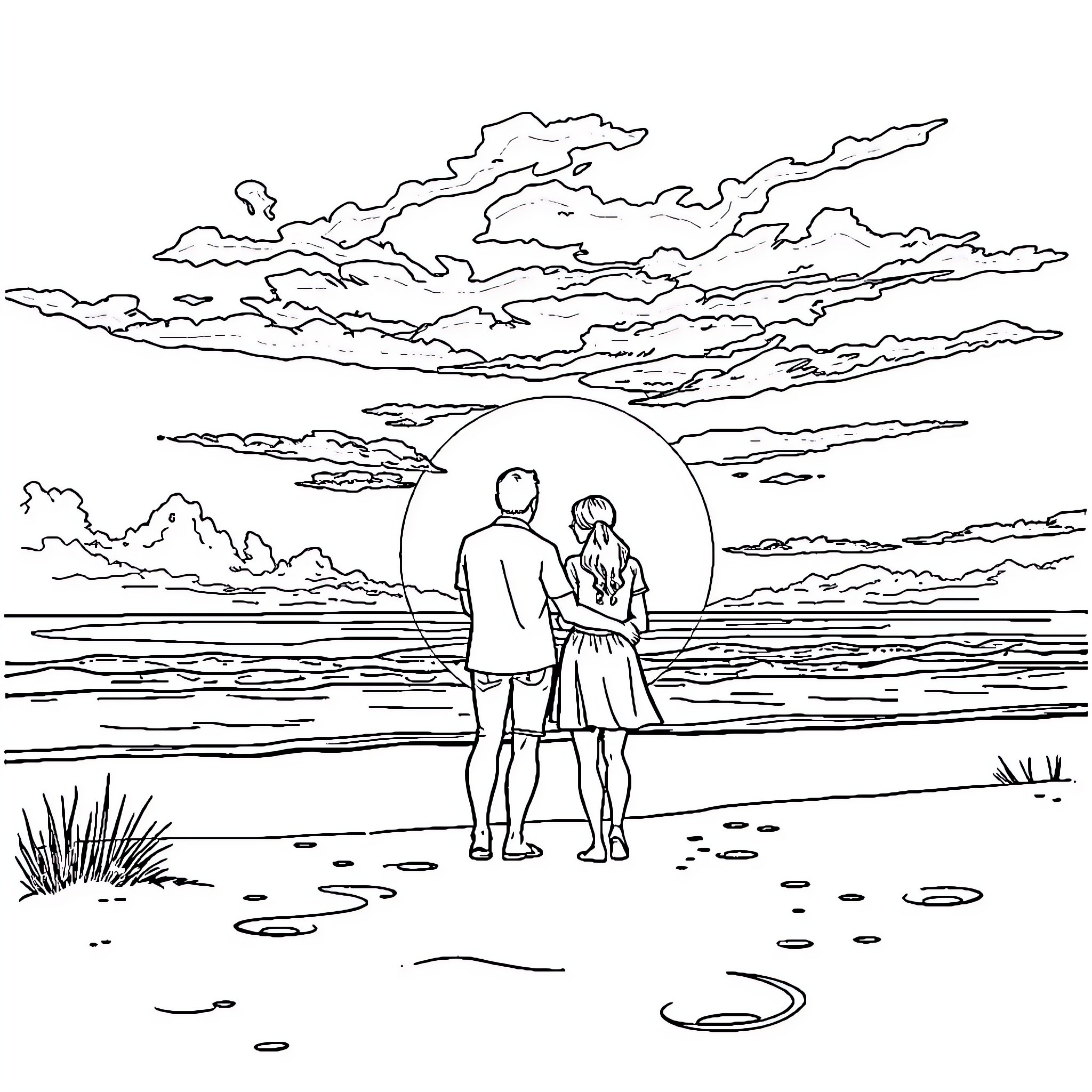 Beach scene with couple watching sunset Coloring Page (free black-and-white line drawing printable PDF for all, from beginners to advanced learners, including children, teens, adults, and seniors)