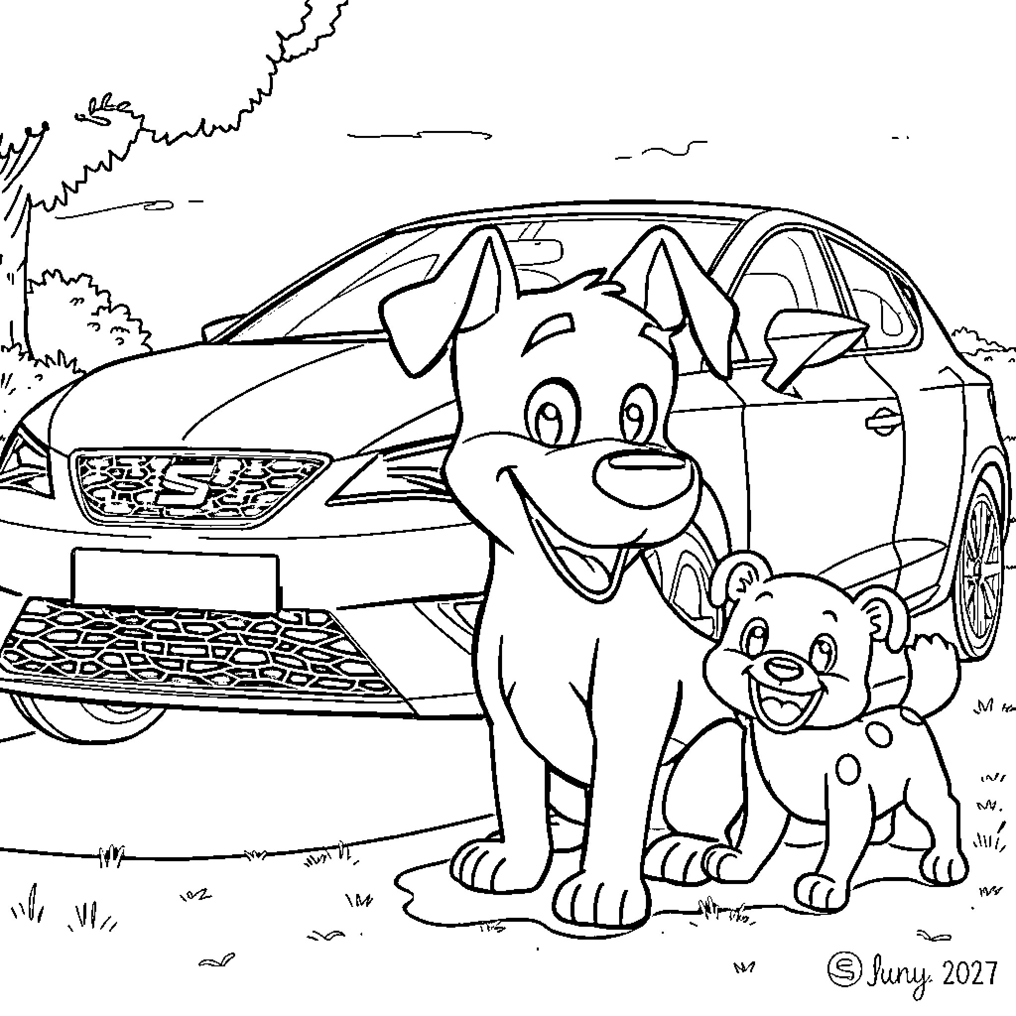 Dog and puppy posing with car Coloring Page (free black-and-white line drawing printable PDF for all, from beginners to advanced learners, including children, teens, adults, and seniors)