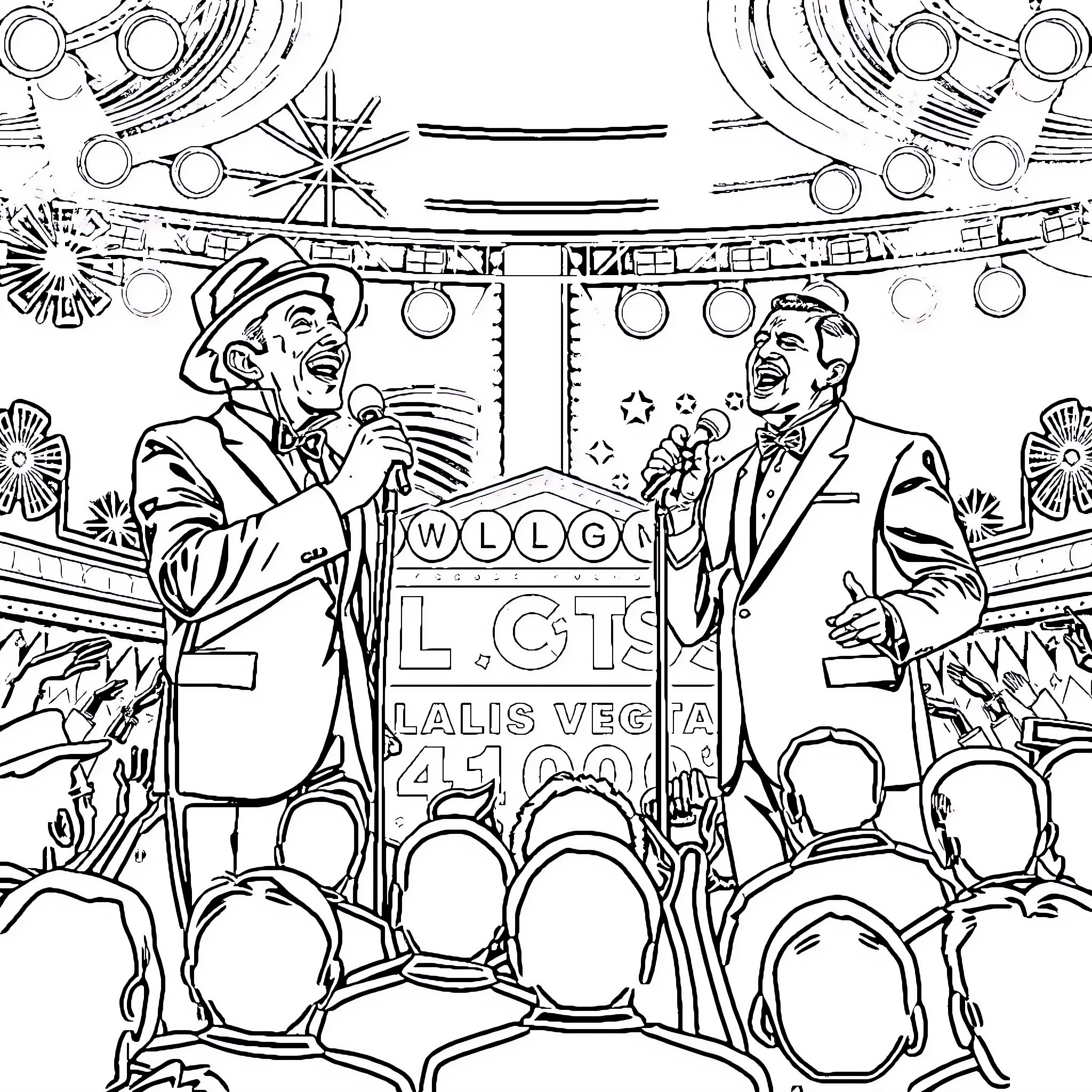Singer performing on stage with a microphone Coloring Page (free black-and-white line drawing printable PDF for all, from beginners to advanced learners, including children, teens, adults, and seniors)