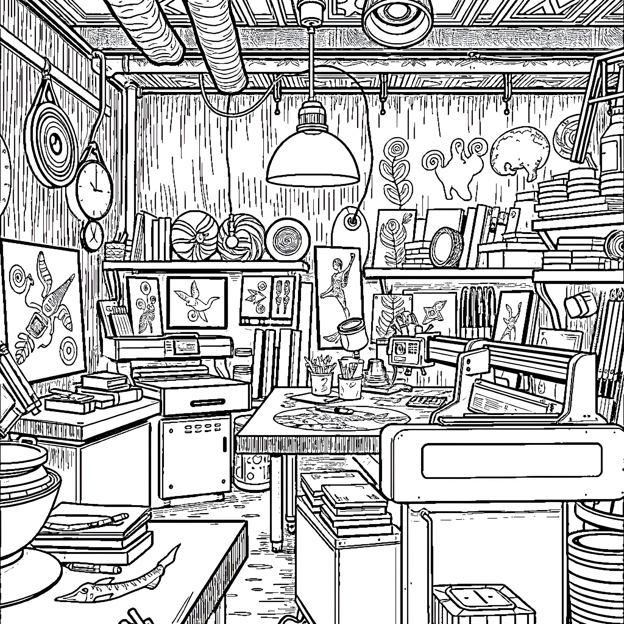 Engraving Shop with Variety of Tools and Artwork Coloring Page (free black-and-white line drawing printable PDF for all, from beginners to advanced learners, including children, teens, adults, and seniors)