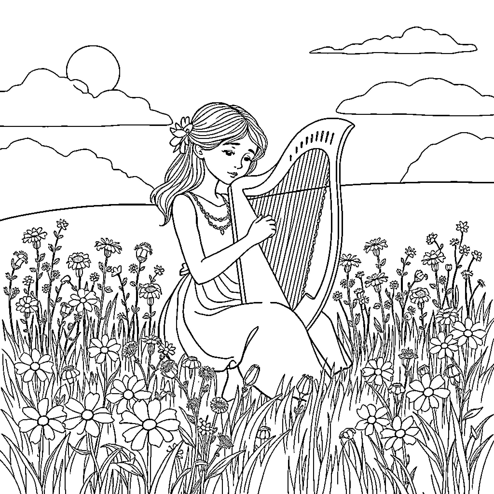 Girl playing a harp in a serene meadow Coloring Page (free black-and-white line drawing printable PDF for all, from beginners to advanced learners, including children, teens, adults, and seniors)