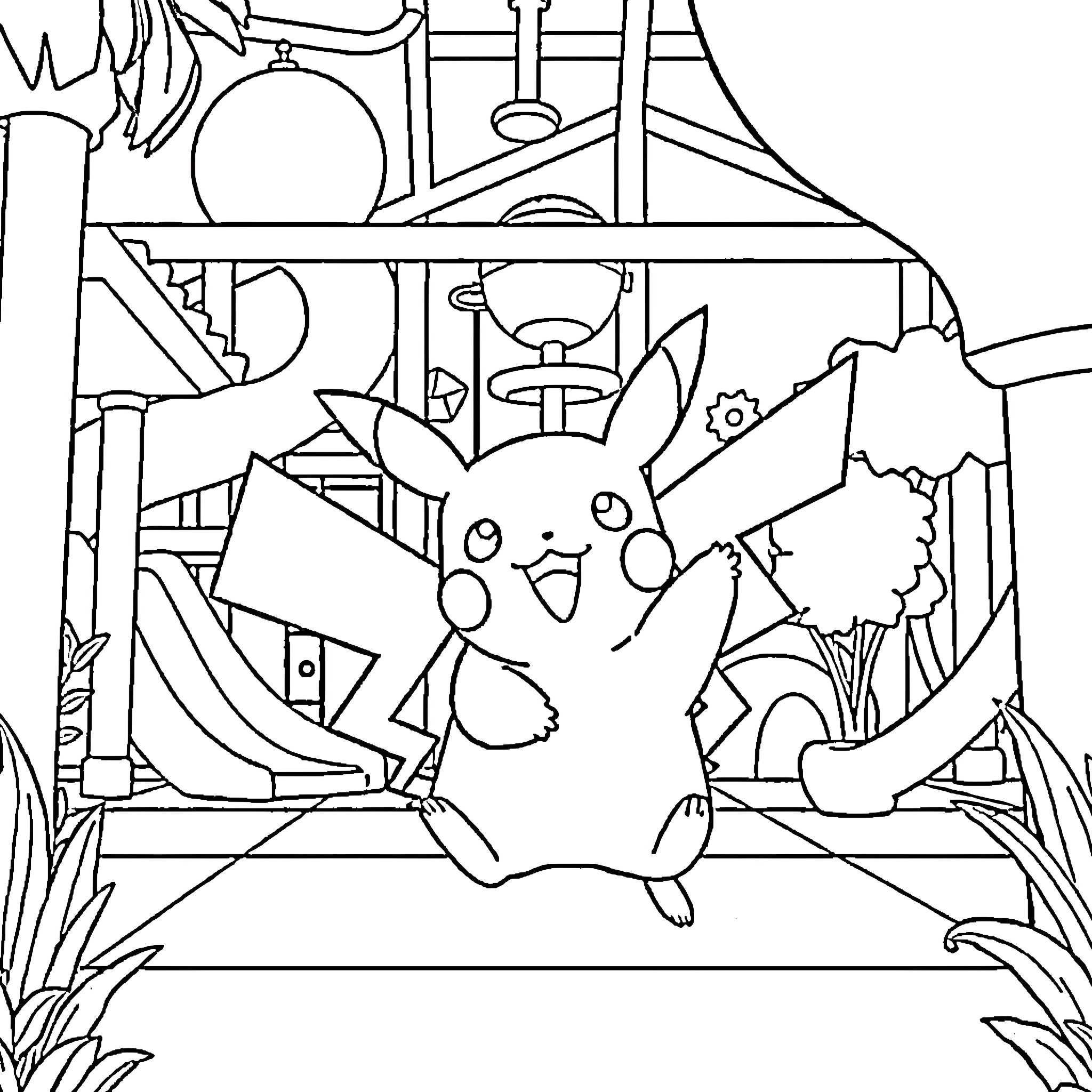 Pikachu in a whimsical laboratory setting Coloring Page (free black-and-white line drawing printable PDF for all, from beginners to advanced learners, including children, teens, adults, and seniors)