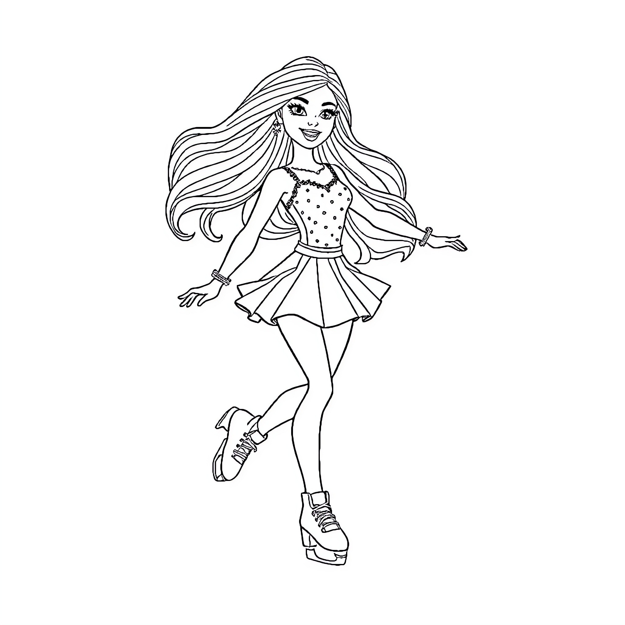 Barbie dancing in a polka dot dress Coloring Page (free black-and-white line drawing printable PDF for all, from beginners to advanced learners, including children, teens, adults, and seniors)