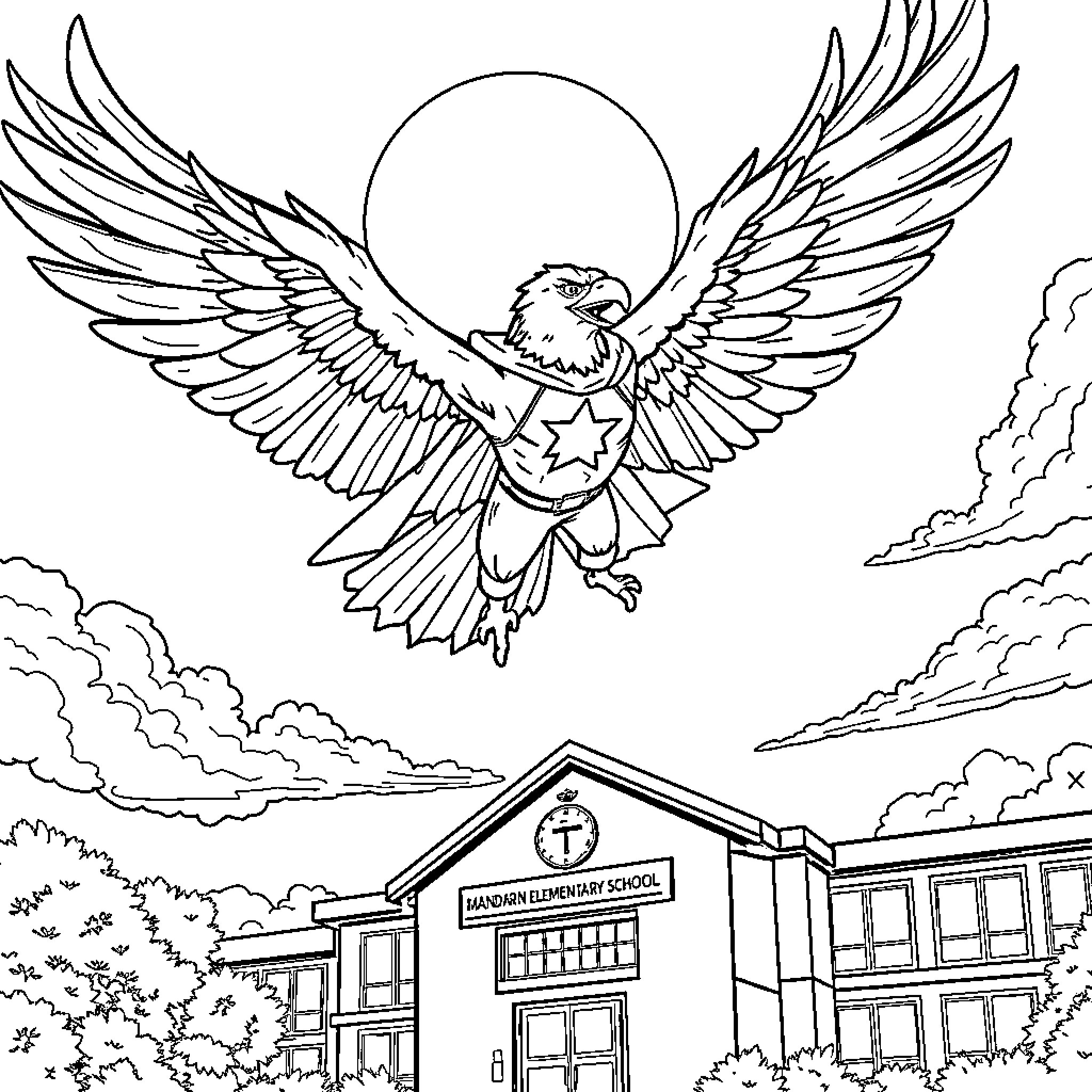 Eagle soaring majestically over the school Coloring Page (free black-and-white line drawing printable PDF for all, from beginners to advanced learners, including children, teens, adults, and seniors)