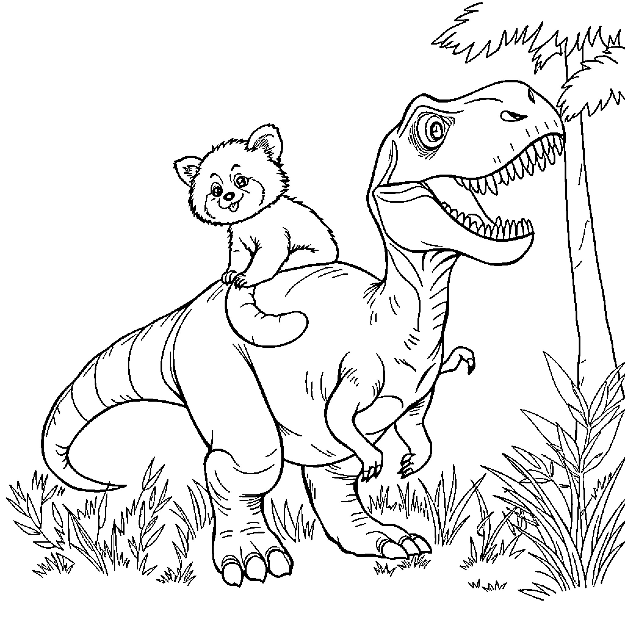 Red Panda riding on a friendly dinosaur Coloring Page (free black-and-white line drawing printable PDF for all, from beginners to advanced learners, including children, teens, adults, and seniors)