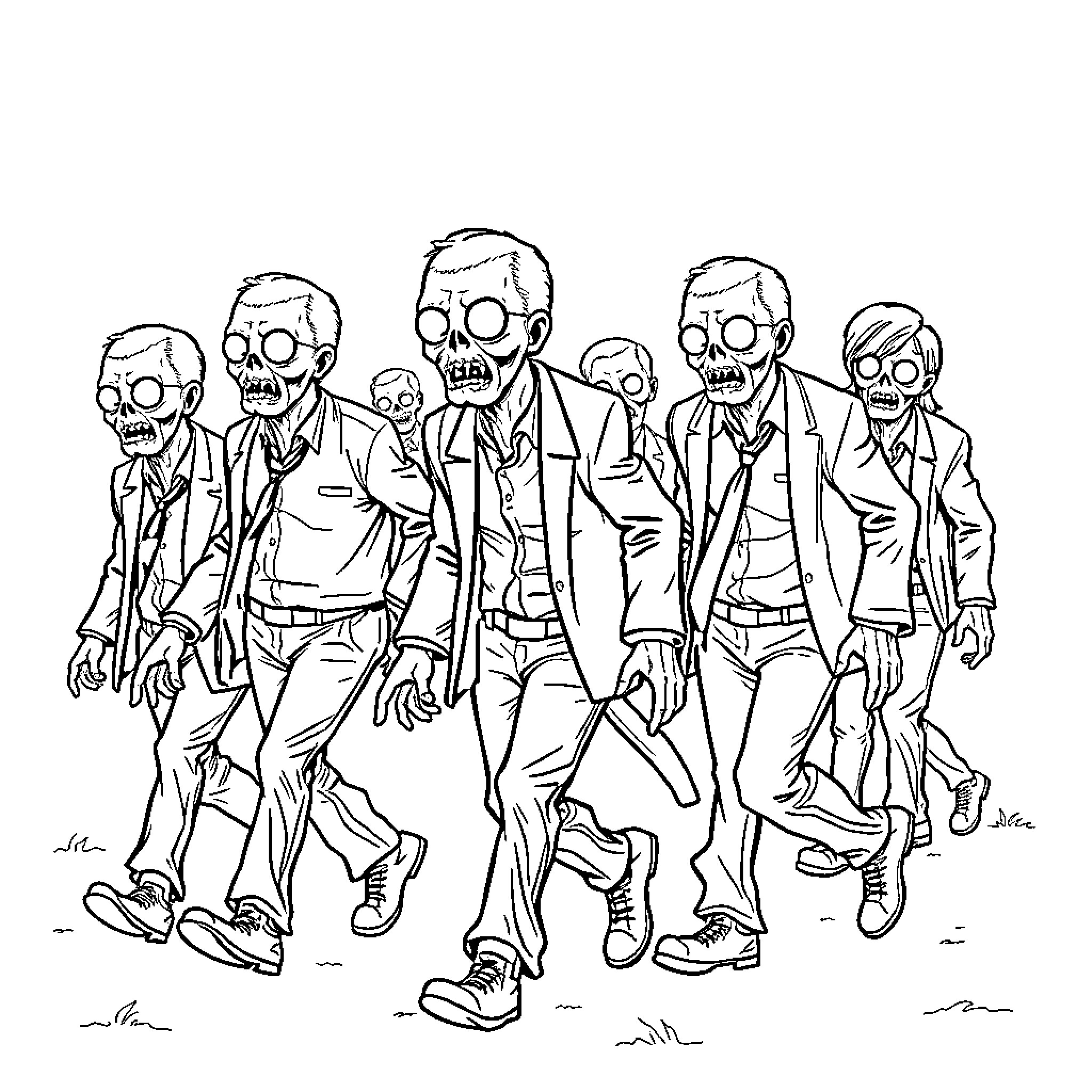 Zombie Businessmen Marching in Undead Attire Coloring Page (free black-and-white line drawing printable PDF for all, from beginners to advanced learners, including children, teens, adults, and seniors)