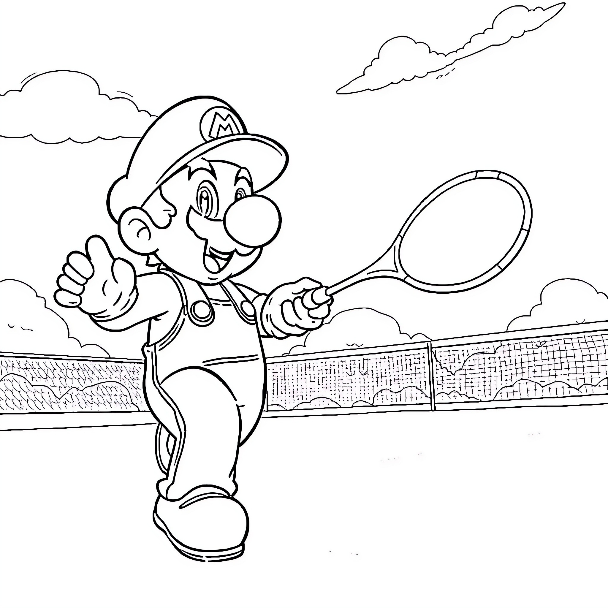 Mario playing tennis on the court Coloring Page (free black-and-white line drawing printable PDF for all, from beginners to advanced learners, including children, teens, adults, and seniors)