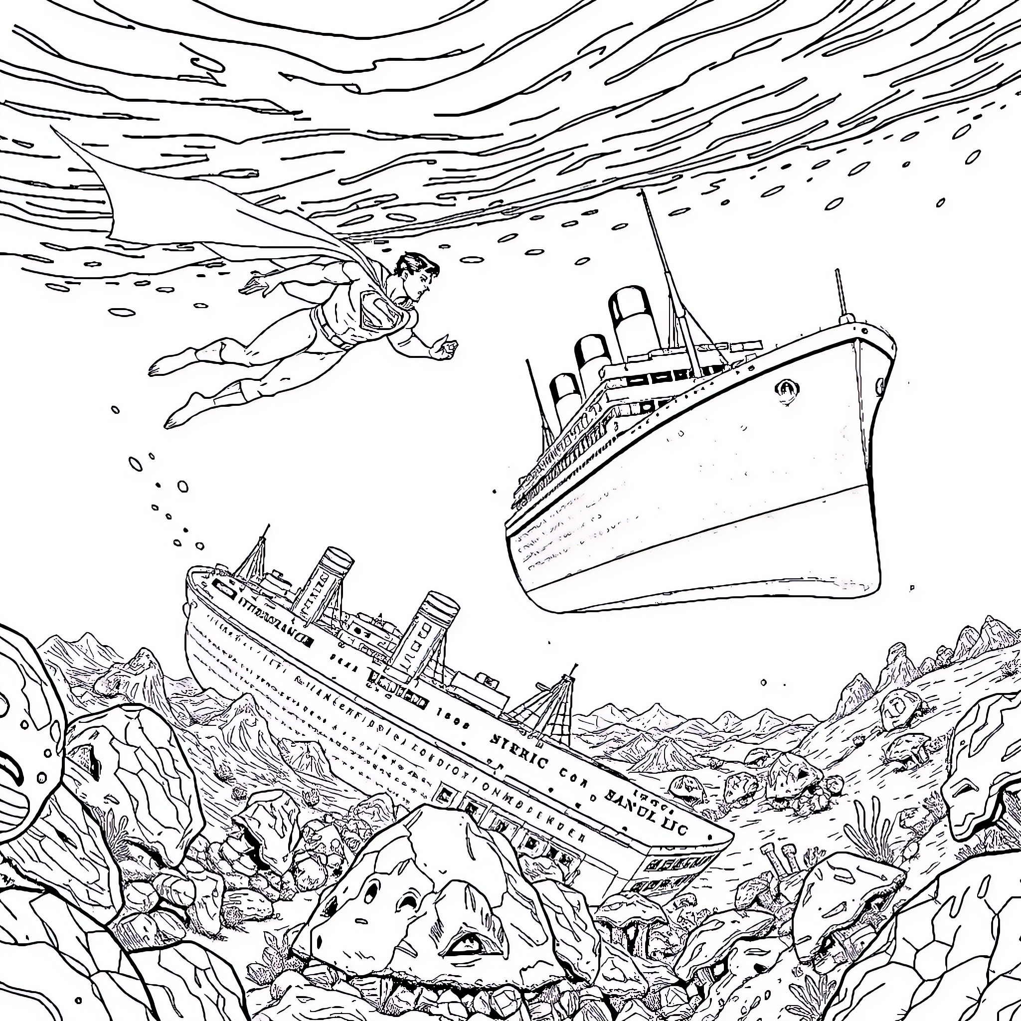 Superman's underwater rescue mission and shipwreck exploration Coloring Page (free black-and-white line drawing printable PDF for all, from beginners to advanced learners, including children, teens, adults, and seniors)