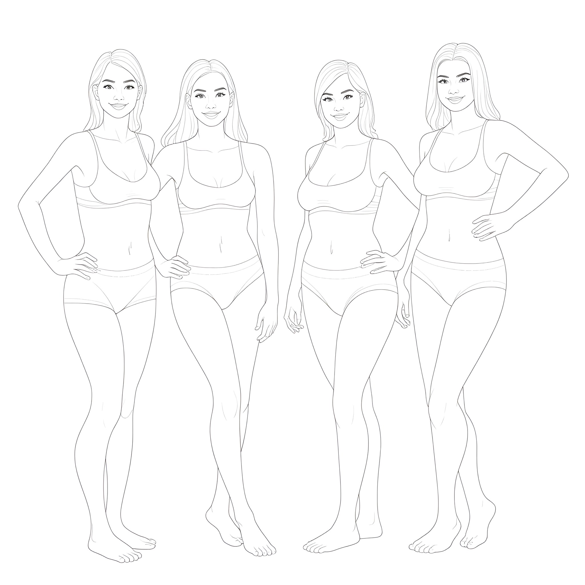 Women posing confidently in activewear Coloring Page (free black-and-white line drawing printable PDF for all, from beginners to advanced learners, including children, teens, adults, and seniors)