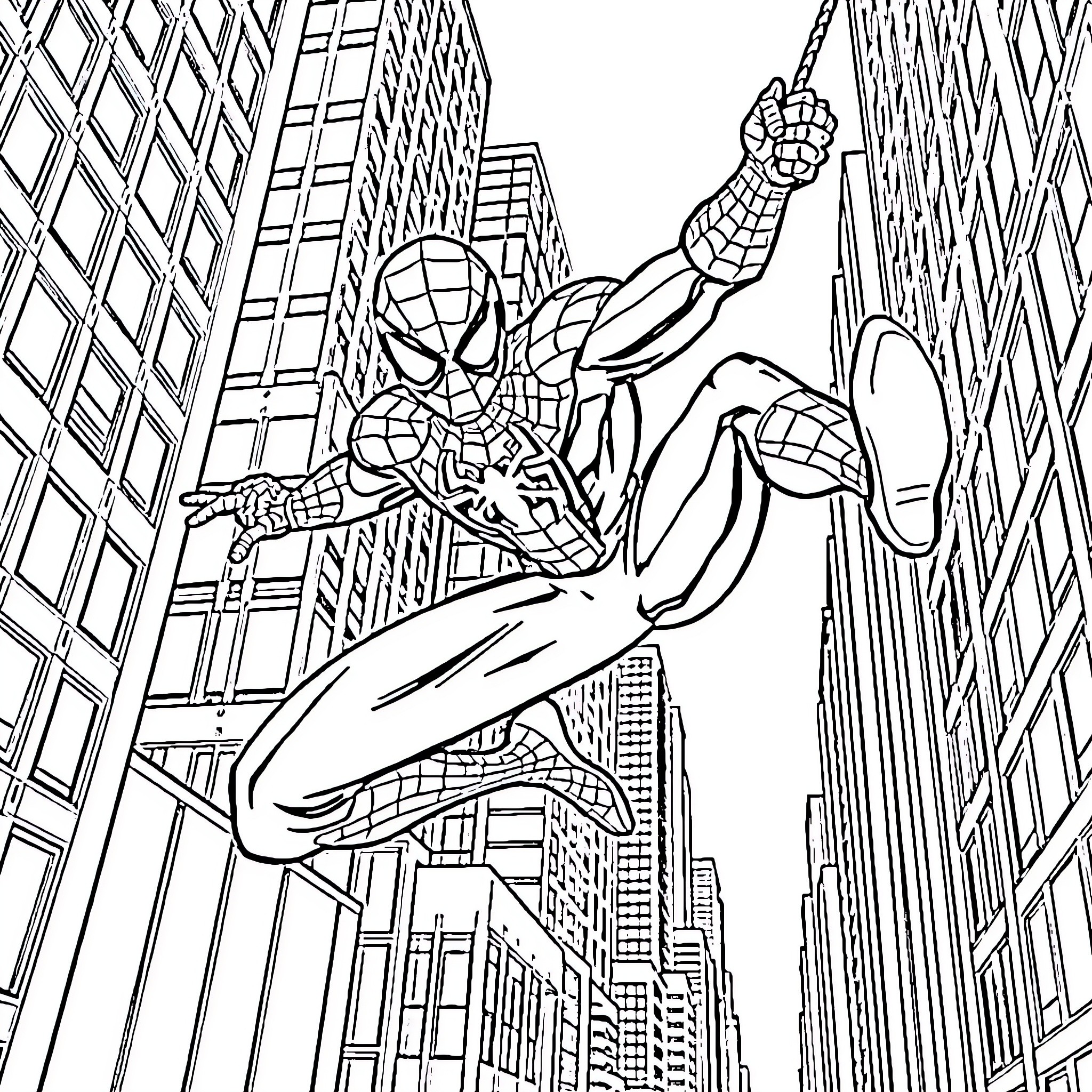 Spider-Man swinging through the city streets Coloring Page (free black-and-white line drawing printable PDF for all, from beginners to advanced learners, including children, teens, adults, and seniors)